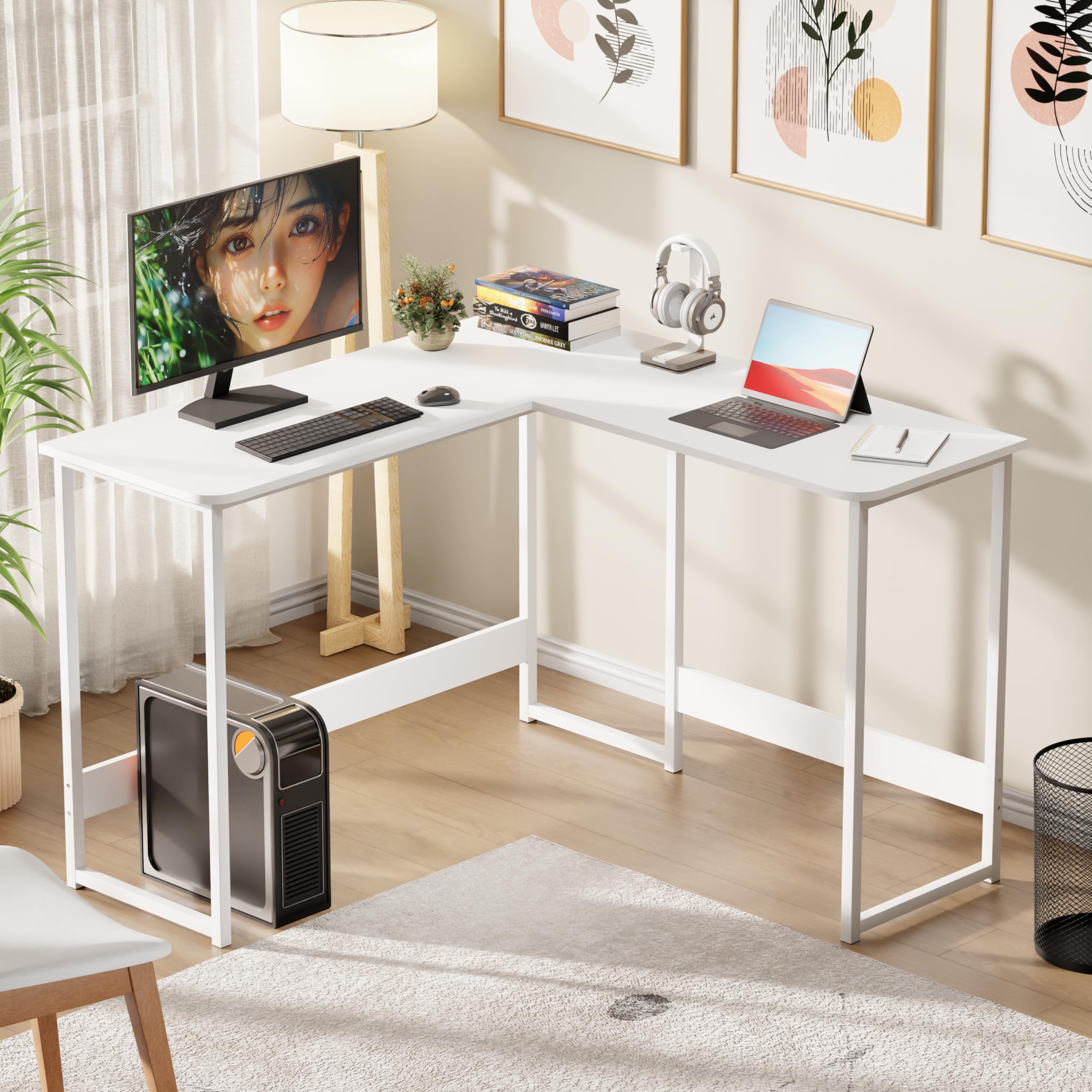 Lukzer Engineered Wood L-Shaped Corner Study and Computer Laptop Table for Home or Office | MST-007/White & White | Multi-Functional Sturdy Gaming Station and WFH Desk with Metal Frame