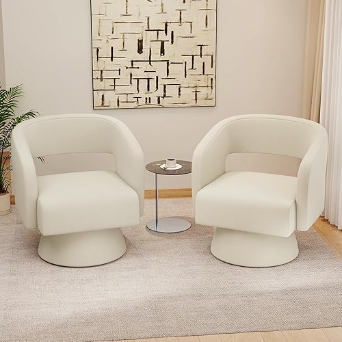 Swivel Accent Chair Set of 2, Modern Comfy Chenille Barrel Chairs, Oversized Upholstered Round Arm Chair for Living Room, Bedroom, Reading Room, Beige