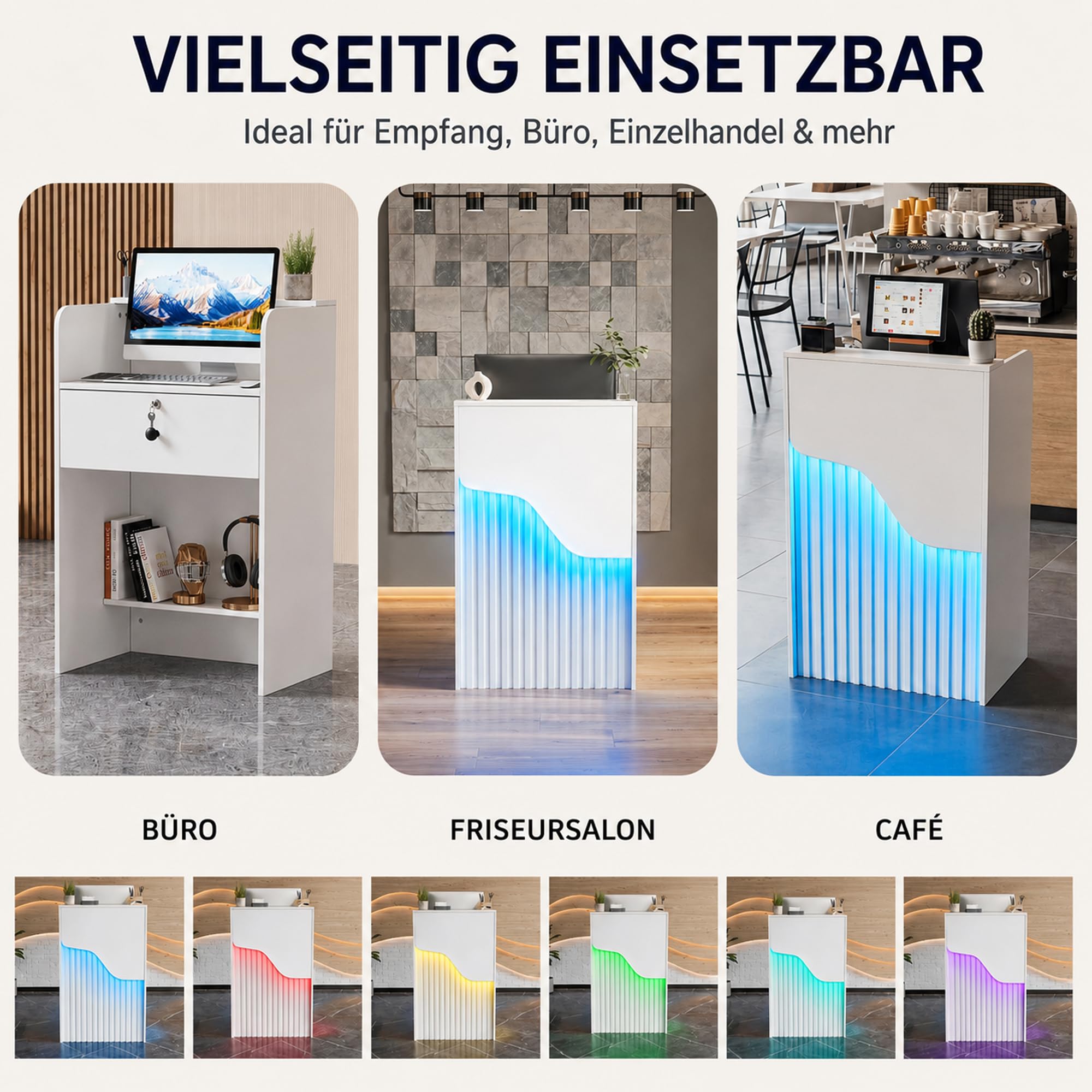 MSFE Empfangstheke mit LED-Lichtleiste Rezeptionstheke Klein Empfangstresen mit Abschließbarer Schublade Modern Empfangsmöbel Rezeption Tisch Kompakt Fronttresen für Salon Geschäft Hotel Büro