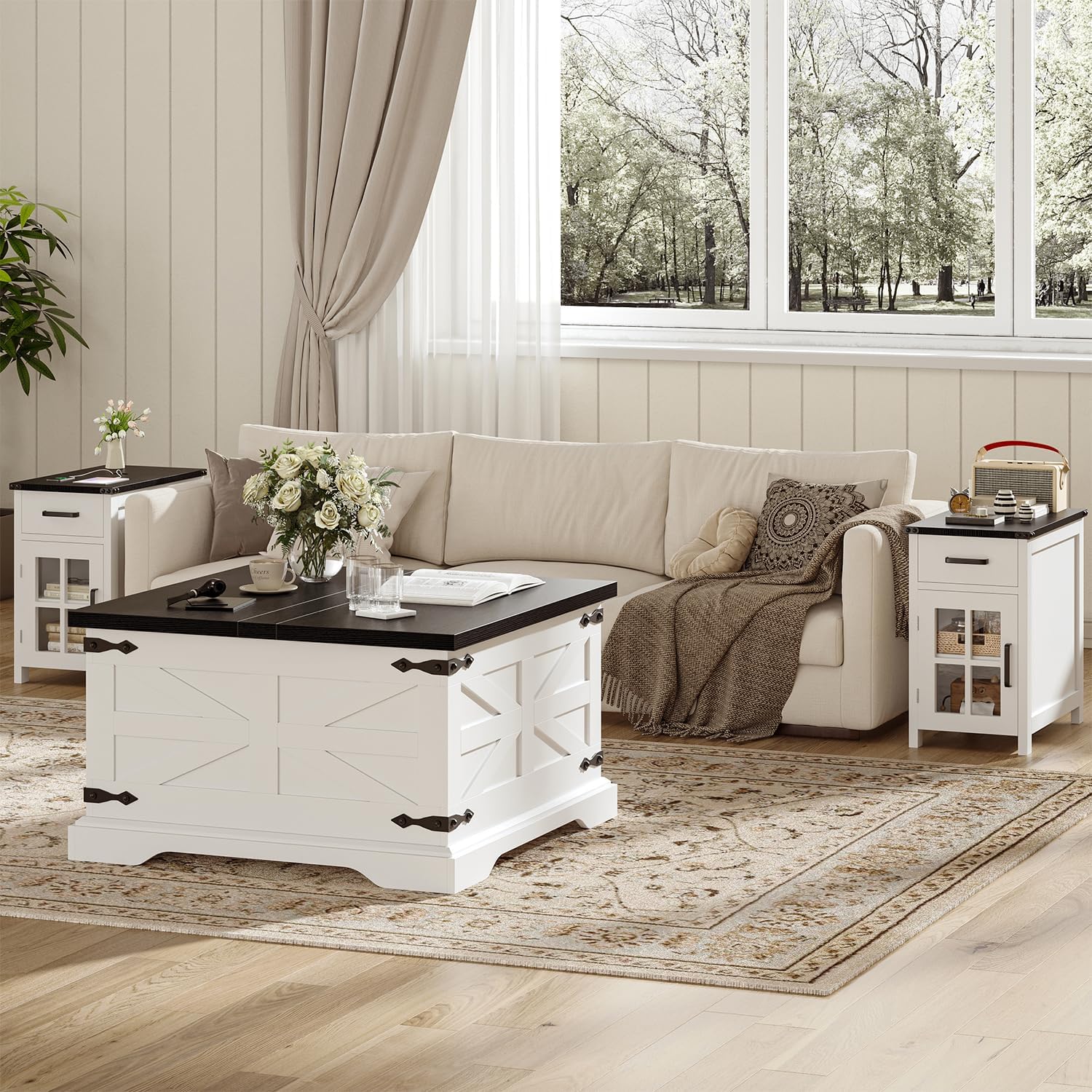 Farmhouse Coffee Table with Storage, Square Center Table for Living Room, Rustic, Hinged Lift Top Soft Close, Wood, Large Hidden Storage, Modern, Metal Corner, White Black