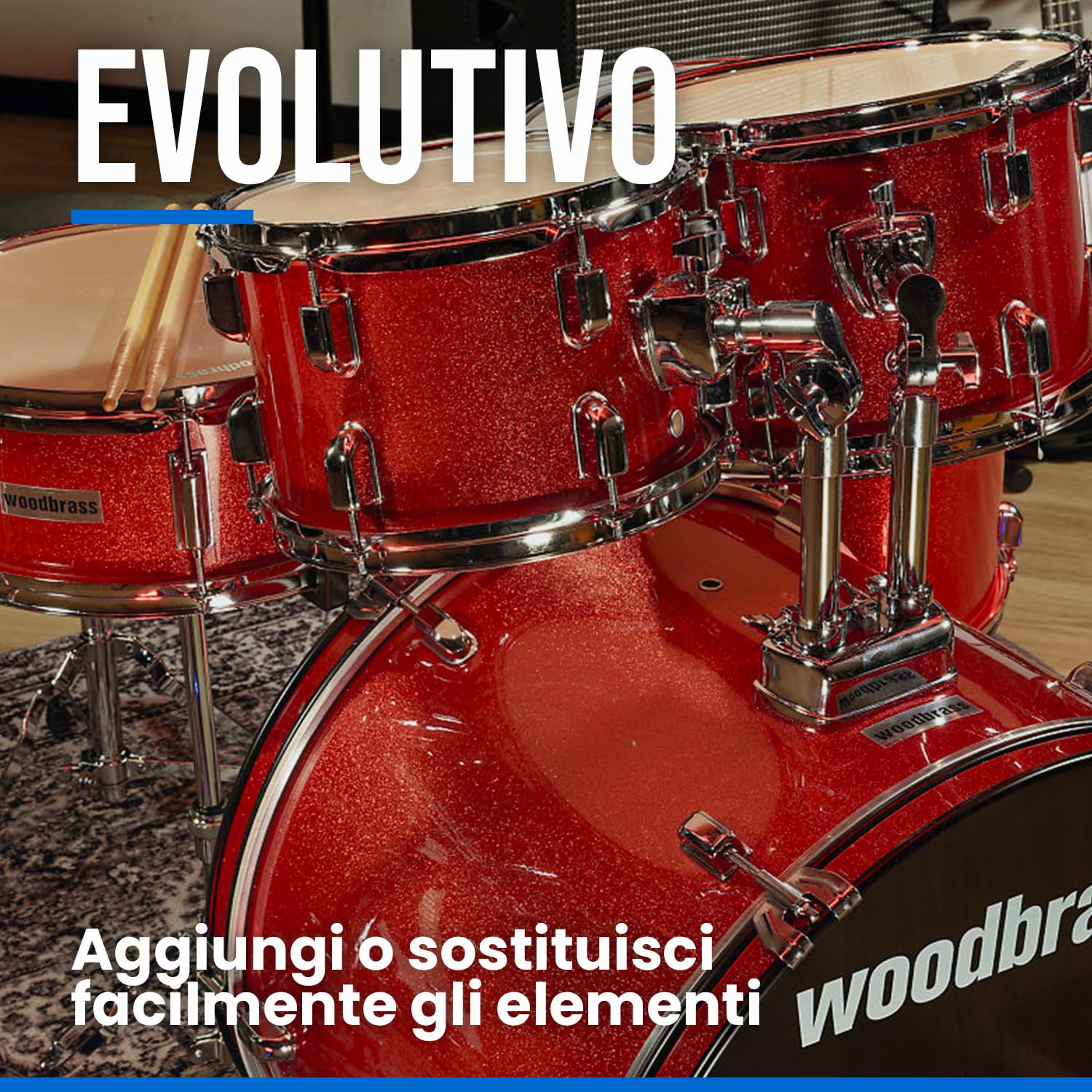 Woodbrass AD100 - Batteria nera lucida, ideale per principianti, pronta all'uso, accessori inclusi - Kit batteria acustica completa fusti di pioppo