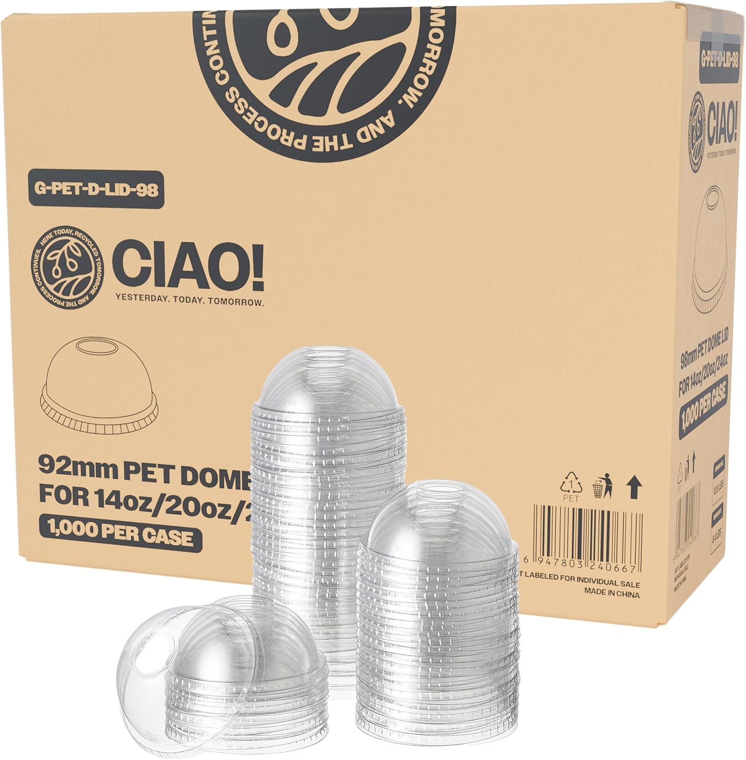 CIAO! PET Dome Lid with Straw Slot, Designed and Fit for 14OZ/16OZ/20OZ/24OZ PET Cold Drink Cups, 98mm (Case of 1,000) Dome Lid 14/16/20/24oz WIth Straw Hole