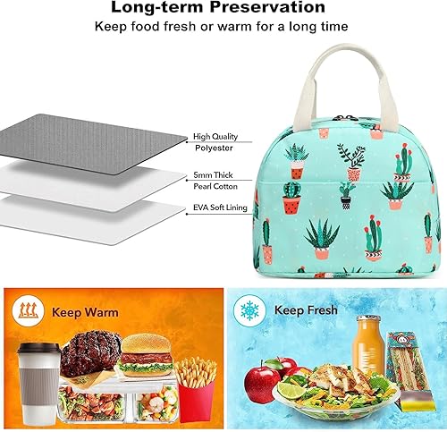 Miniatura 4 de Lonchera para niñas y mujeres, reutilizable, aislada, para la escuela, el trabajo, picnic (Cactus)