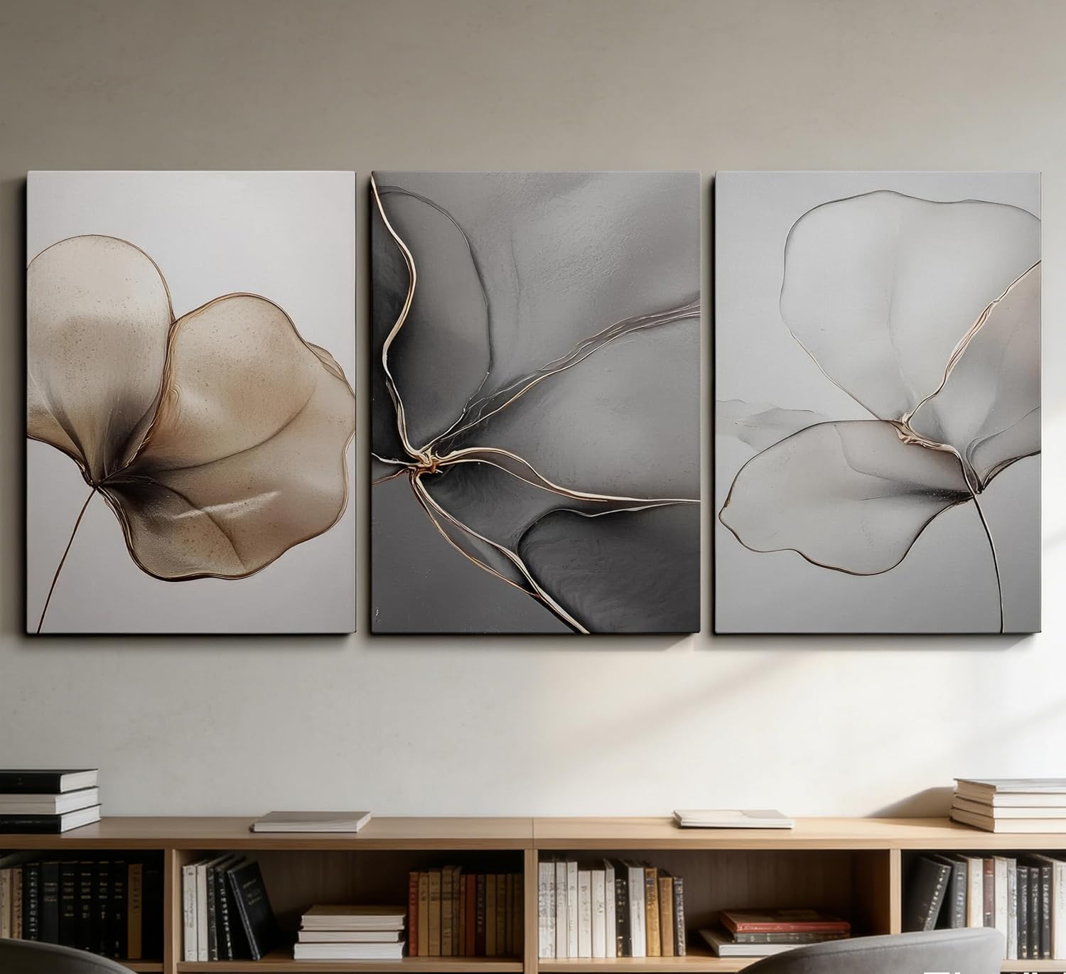 Abstract Floral Canvas Wall Art - Minimalist Gold Line Petal Picture Wall Decor - Modern Neutral Botanical Print Artwork for Living Room, Bedroom & Entryway Home Decoration 16x24in Beige Gray & Gold