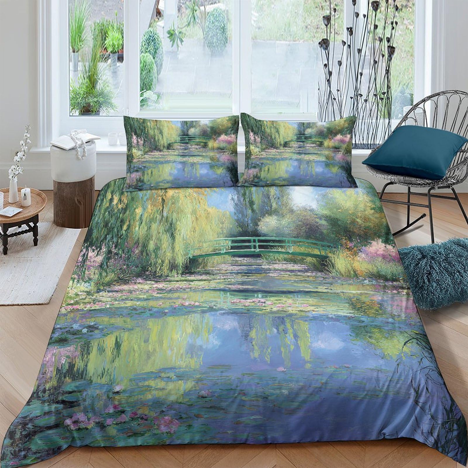 Ctjqhvkz Style-6 3D Printed Water Garden Fitted Sheet Microfiber Soft Breathable Monet Bridge Mattress Cover For Bedroom Dorm Decor Single（135X200cm）