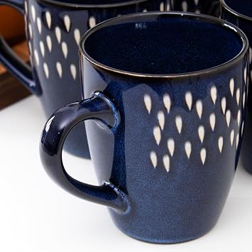 Darthome Blue Splash Reactive Glaze 350ml Mugs Set of 4 Stoneware Rain Drop Coffee Cups