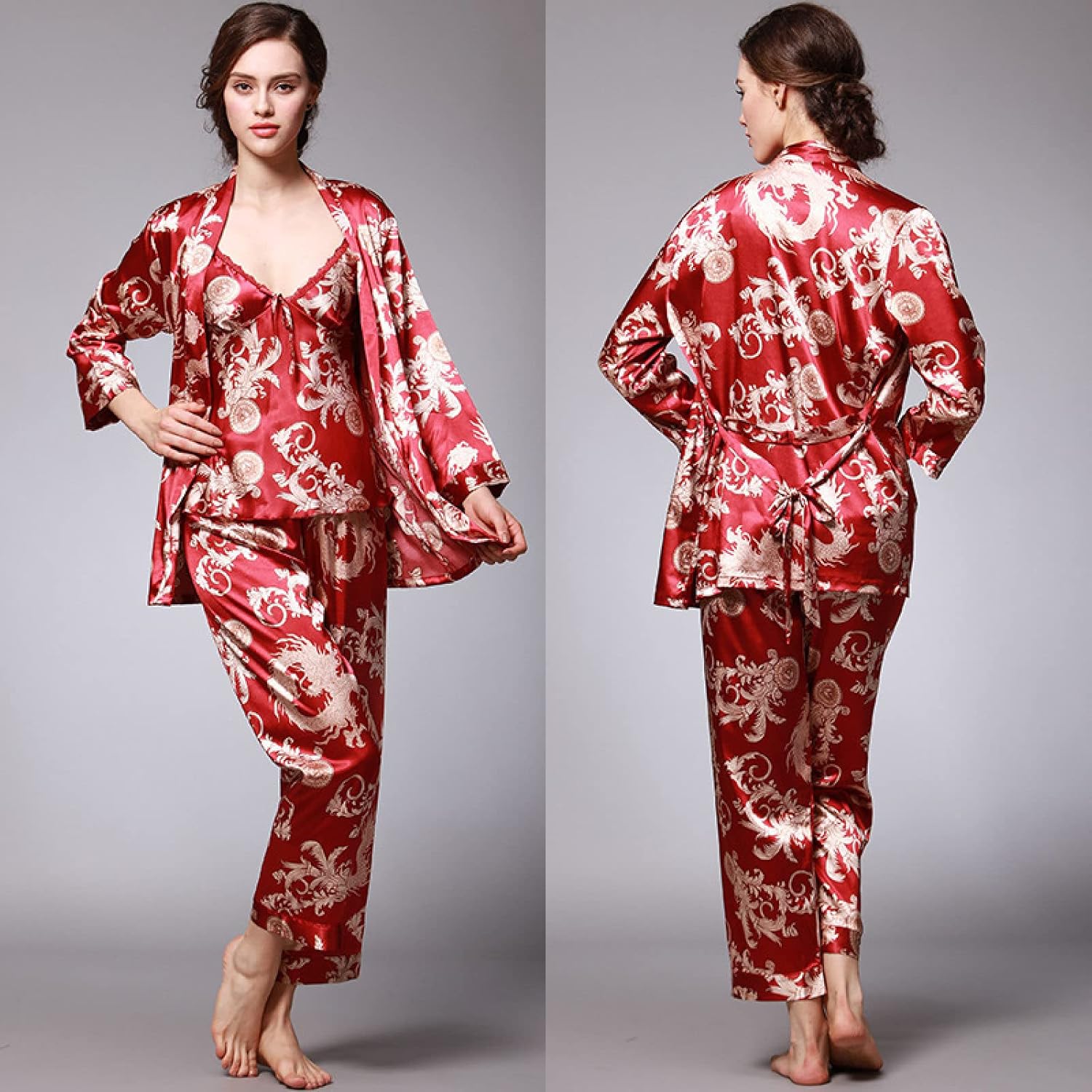 Summer Silk Satin Pajamas Set Cami Nightwear With Robe And Pant - Sexy V-Neck Spaghetti Strap Nightwear 3Pcs Women'S Dragon Pattern Floral Print Silky Pj Sets Sleepwear Soft Homewear For Adults Outfi