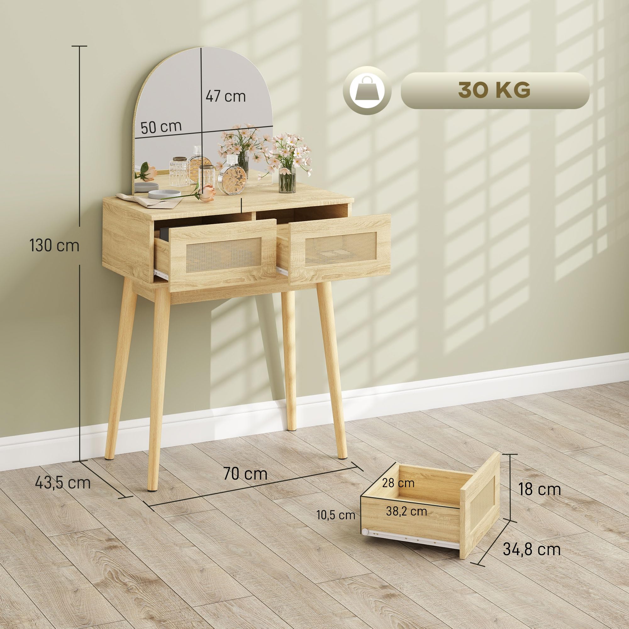 HOMCOM Tocador con Espejo Arqueado, Mesa de Maquillaje Moderna con 2 Cajones con Frontal de Ratán, Tocador de Maquillaje para Dormitorio, Espacios Pequeños, Natural