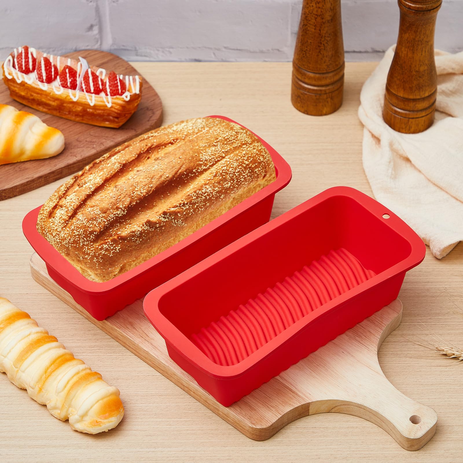 Willinglong 4 moldes rectangulares de silicona para pan de 22,8 x 12,7 cm, antiadherentes, mini moldes para pasteles, pan casero, pan y pastel de carne, color rojo