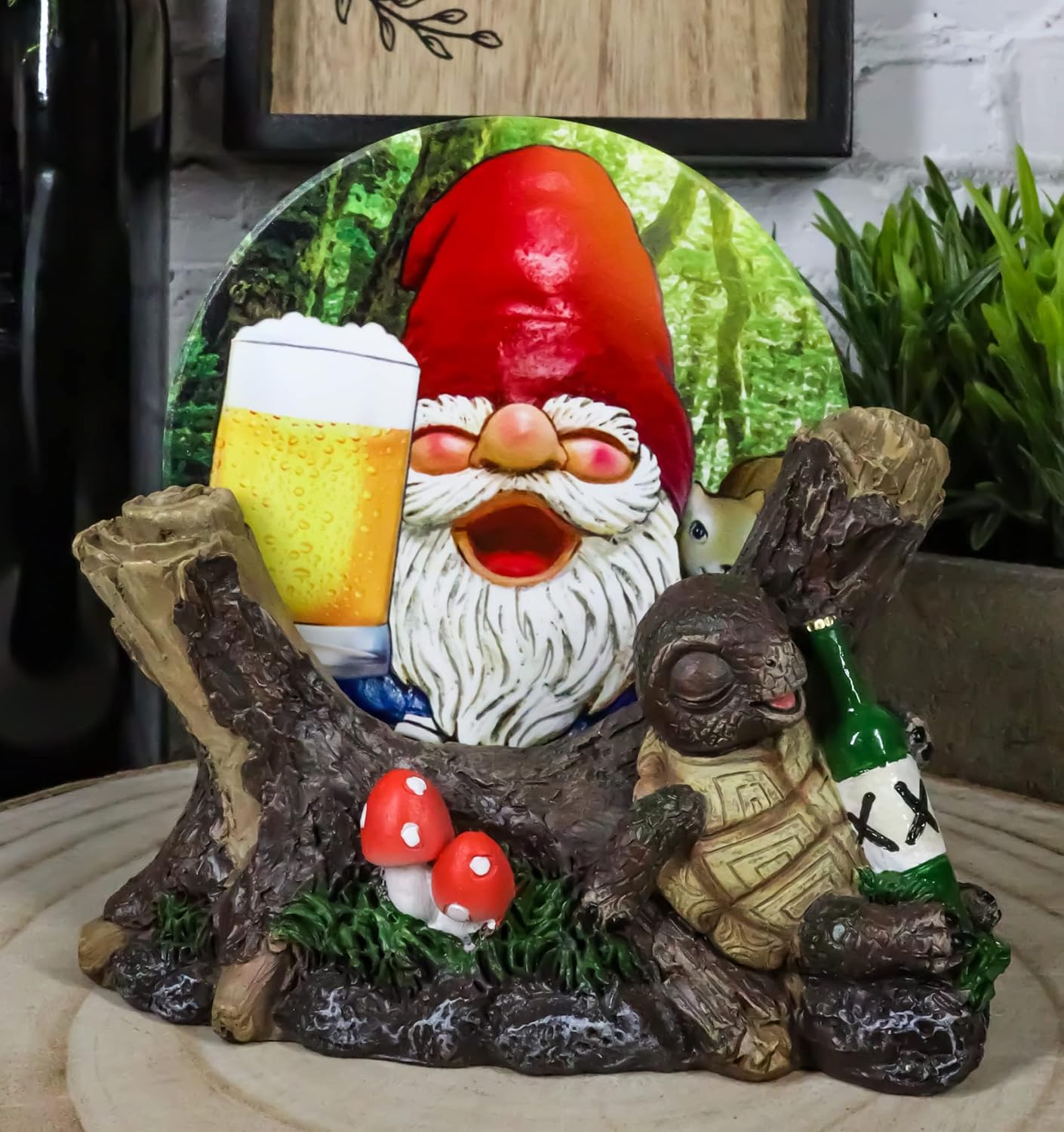 Ebros Gift Whimsical Life of The Party Drunkard Gnome and Wasted Turtle Tortoise Sleeping by Toadstool Mushrooms Forest Coaster Set Holder and 4 Graphic Ceramic Coasters Decorative Kitchen Bar Accent