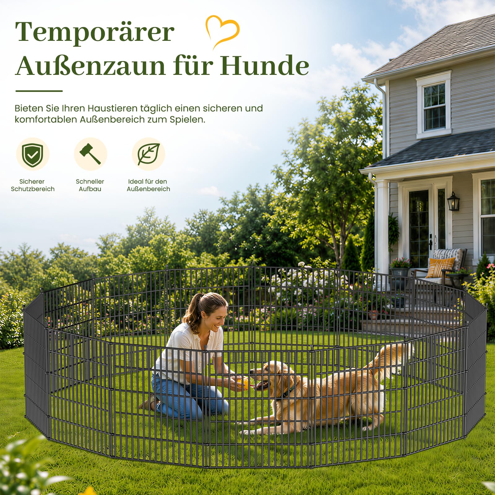 10 Paneele Dekorativer Gartenzaun mit Tor, 122 cm Hoch Gesamtlänge 800 cm Hundezaun für den Außenbereich, Rostfreier Metallzaun, Temporärer Tierzaun als Barriere für Garten, Hof und Terrasse
