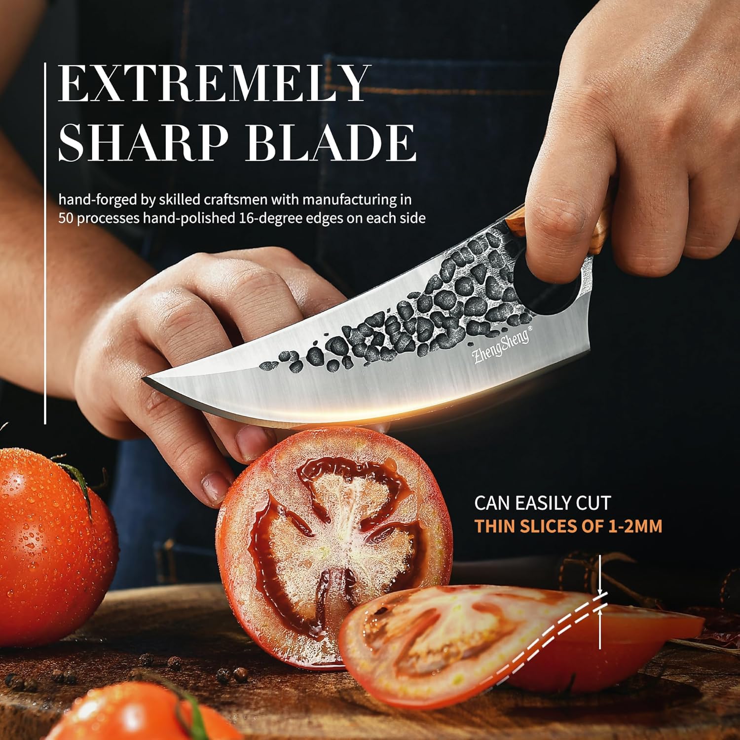 ZhengSheng Chef Knife, Great Kitchen Knife with Leather Sheath Olive Wooden Handle Japanese Style Forged Viking knives for Home Cooking, Camping, BBQ