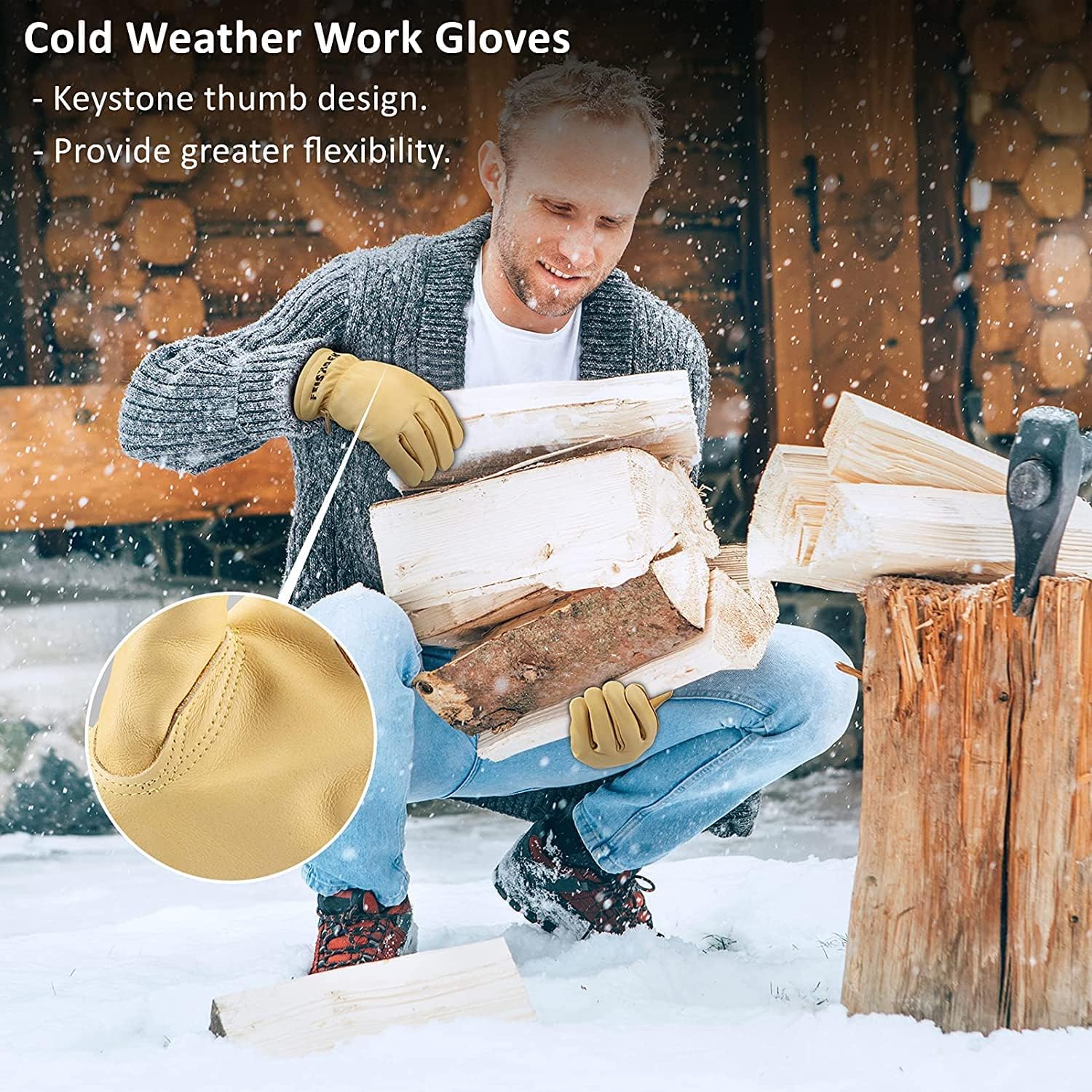 Waterproof Winter Work Gloves for Men, Cowhide Warm Insulated Leather Working Glove in Cold Weather Heavy Duty (XX-Large, Deep Yellow)