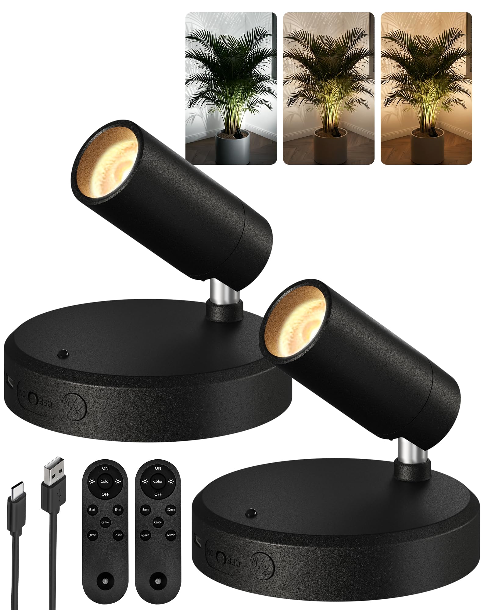 EZVALO Wireless LED Spotlights Indoor, 5500mAh Rechargeable Battery Powered Plants Spotlights Indoor, Dimmable & Timer, 3 CCT Small Up Lights with Remote, Accent Uplighting for Artwork,Tree (2, Black)