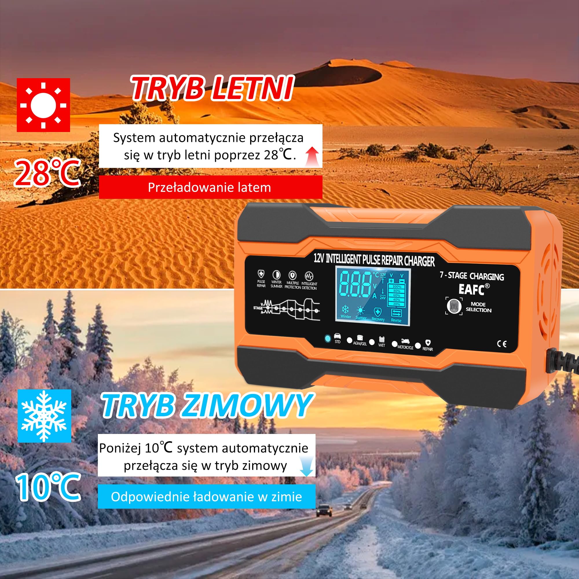 Ładowarka samochodowa 12A 12V automatyczna inteligentna z kompensacją temperatury do akumulatorów ołowiowo-kwasowych