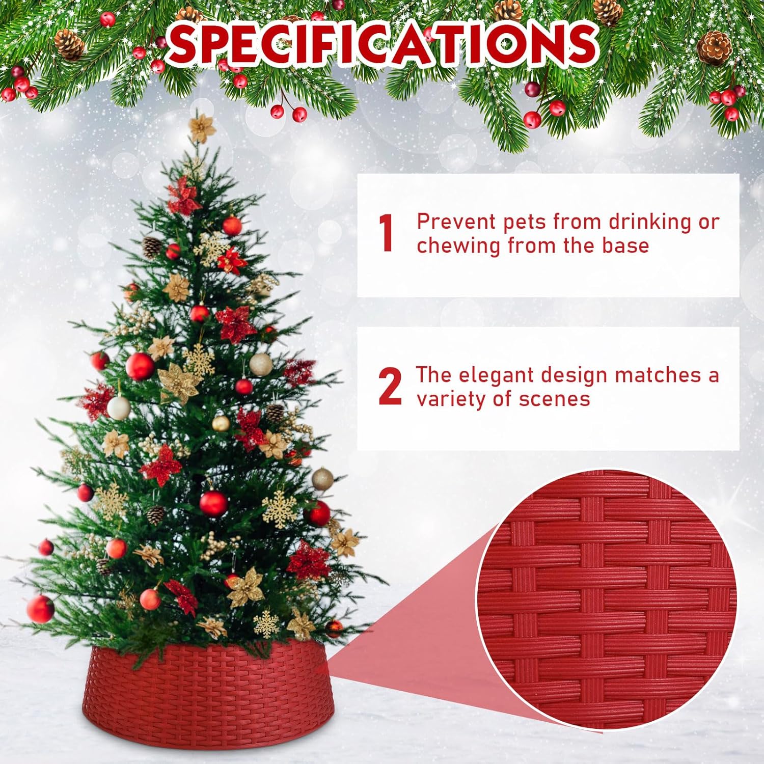 Liliful 26 Inch Plastic Christmas Tree Collar, Large Woven Christmas Tree Collar Basket, Rustic Skirt Base Cover for Holiday Decorations Accessories(Red)