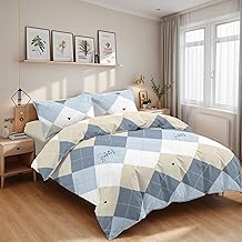 4-Piece Duvet Cover Set for 150 cm Soft Breathable Microfibre Bed – 1 Duvet Cover 240 x 220 cm, 1 Fitted Sheet 150 x 200 + 28 cm and 2 Pillowcases 50 x 90 cm (Blue and Beige Chequered)