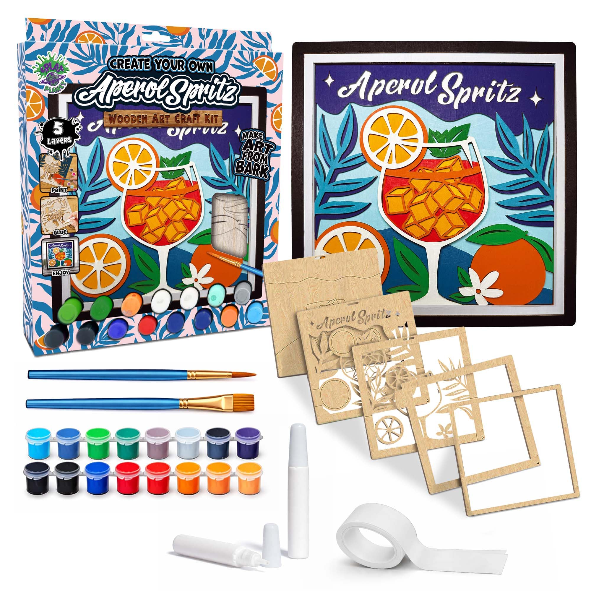 Aperol Spritz 3D Wooden Art Kit – Paint Your Own 3D Layered Wood Wall Art for Kids & Adults, DIY 3D Art Aperol Spritz Wood Painting Kit Wooden Art and Craft Gift Set, 25 x 25cm (10 x 10 inches)