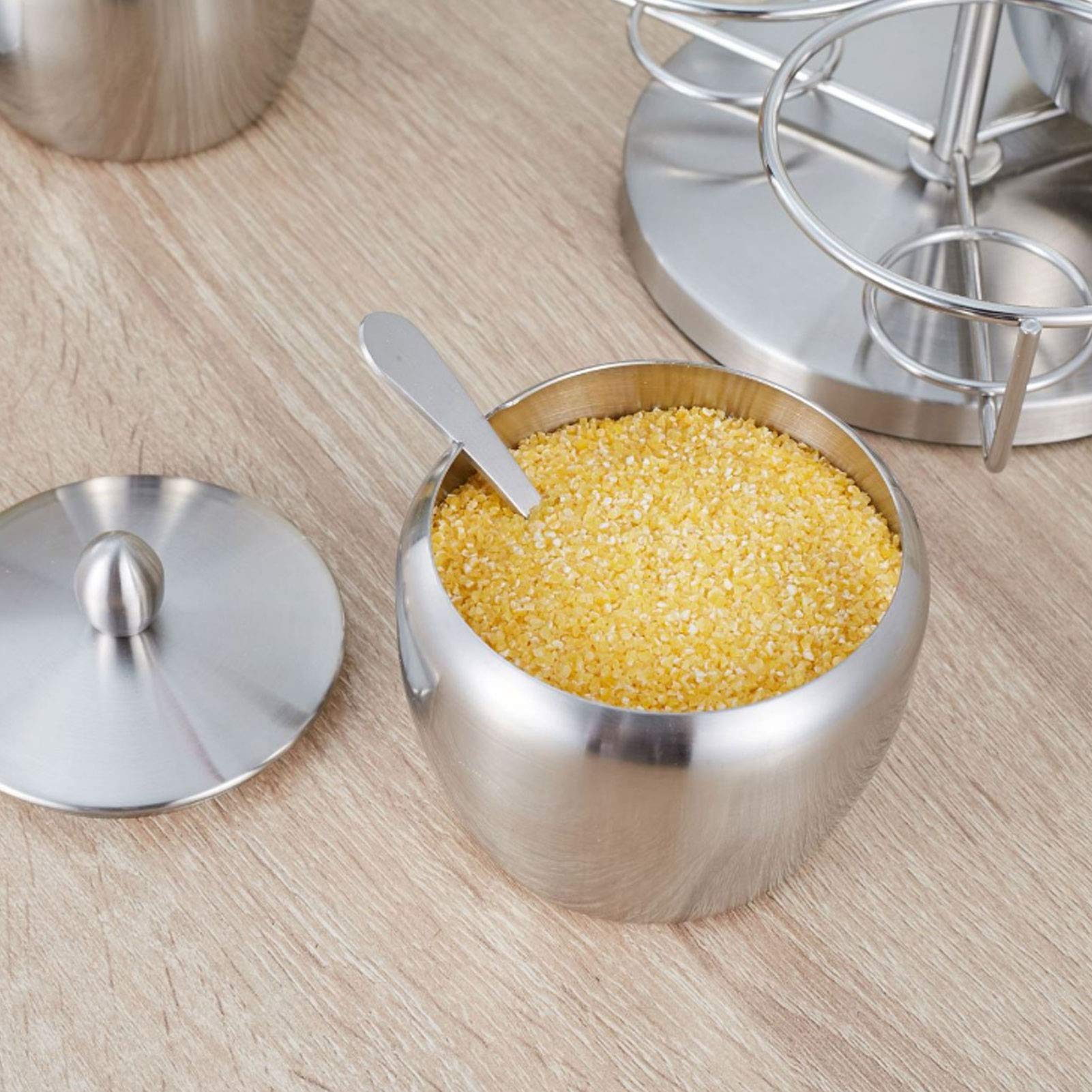 Lybunair Stainless Steel Sugar Bowl Seasoning Jar Spice Container Pot Spice Salt Sugar Bowl with Rotating Storage Rack
