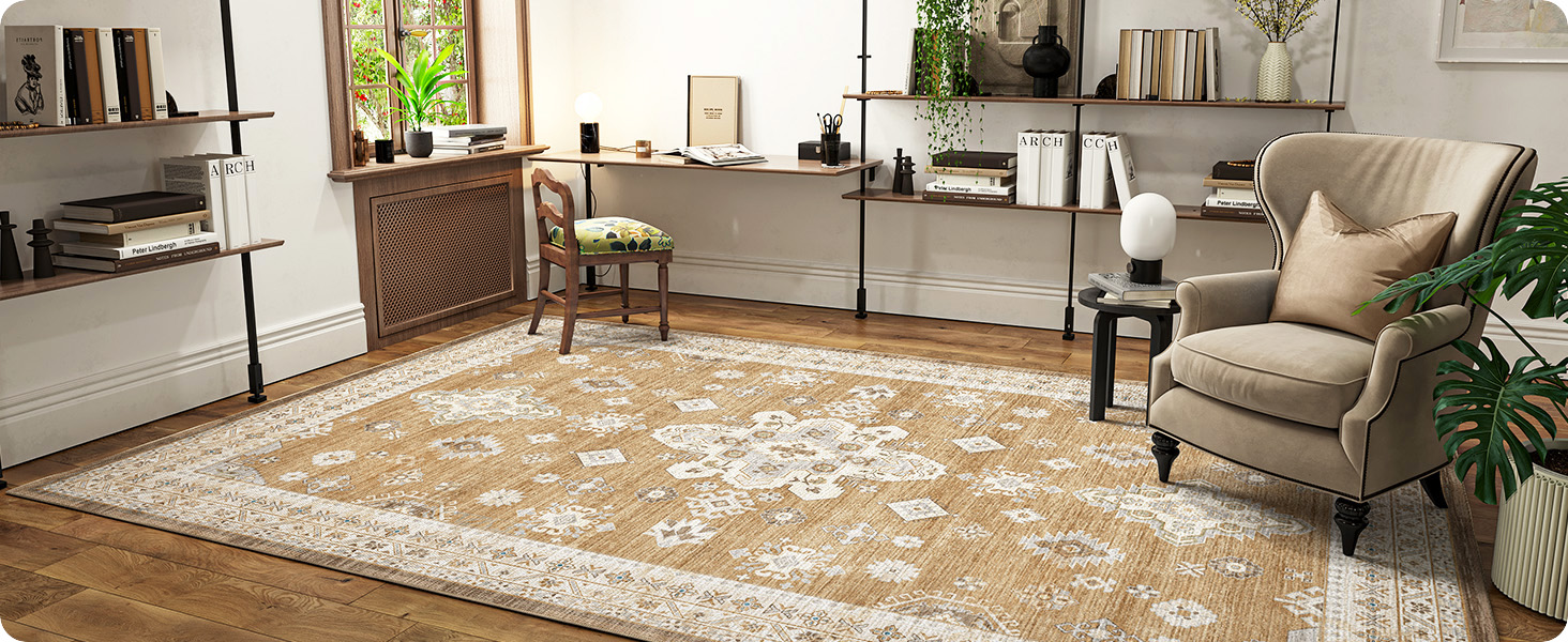 DEXI Vintage Tapijt Woonkamer 122 x 183 cm, Anti-slip Zacht Vloerkleed, Korte Vacht Machinewasbaar Vloermat voor Slaapkamer, Eetkamer, Studeerkamer, Bruin