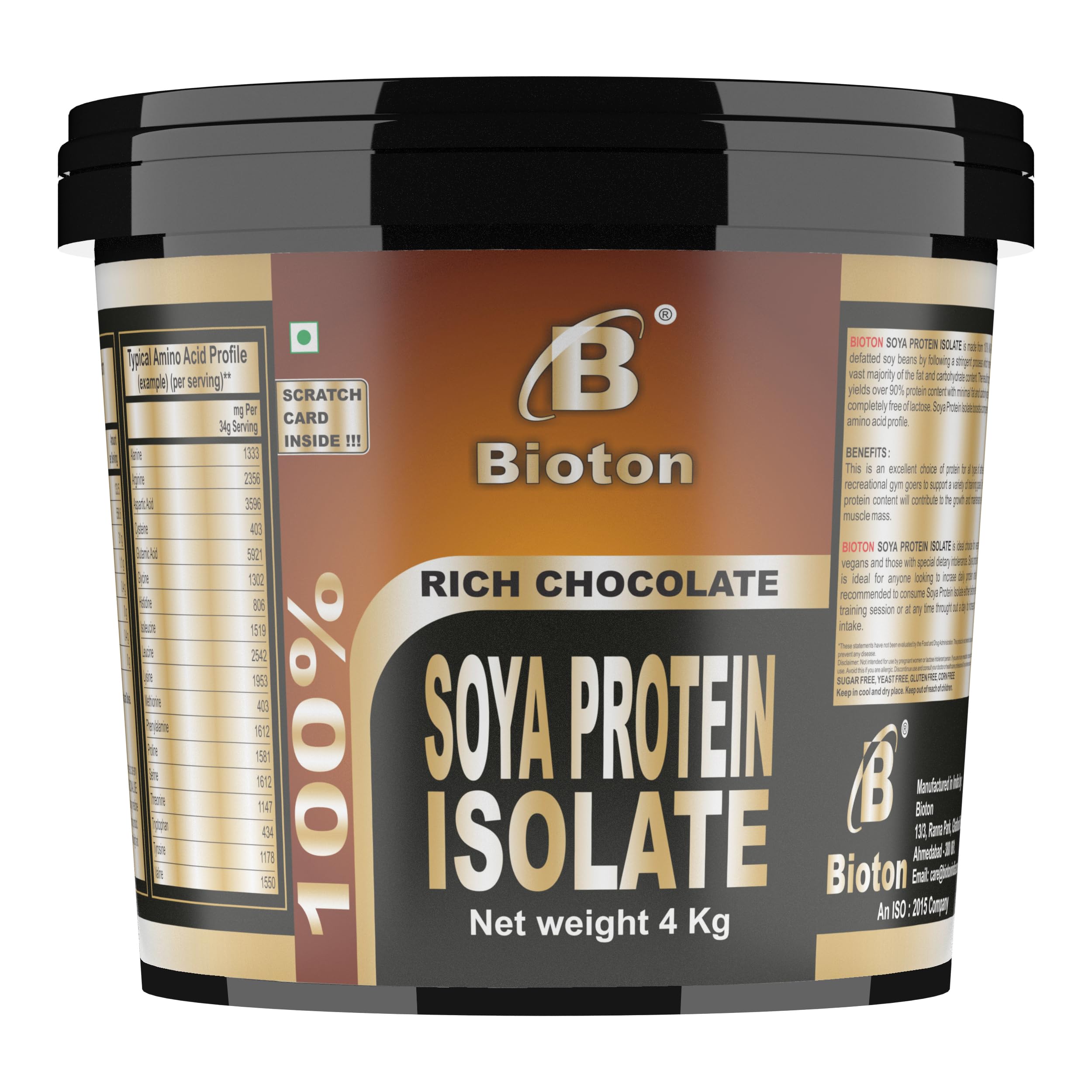 Bioton 100% Soy Protein Isolate 4 Kg Rich Chocolate, Lab Tested, 31 Gm Protein per Serving for Daily Protein Intake, Muscle Growth & Recovery, Plant Based Protein
