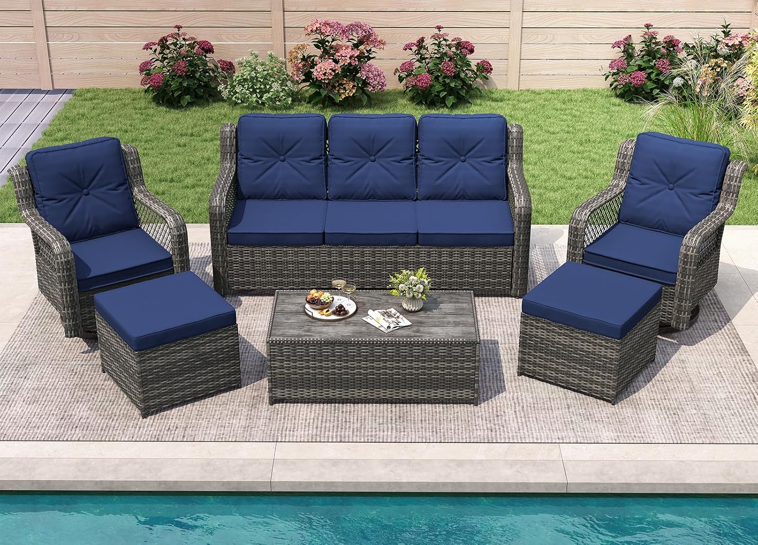 Outdoor Patio Furniture Set with Swivel Chairs and Ottoman, 6 Pieces All-Weather Wicker Patio Conversation Sets with Sofa and Coffee Table for Backyard, Porch, Balcony, Blue