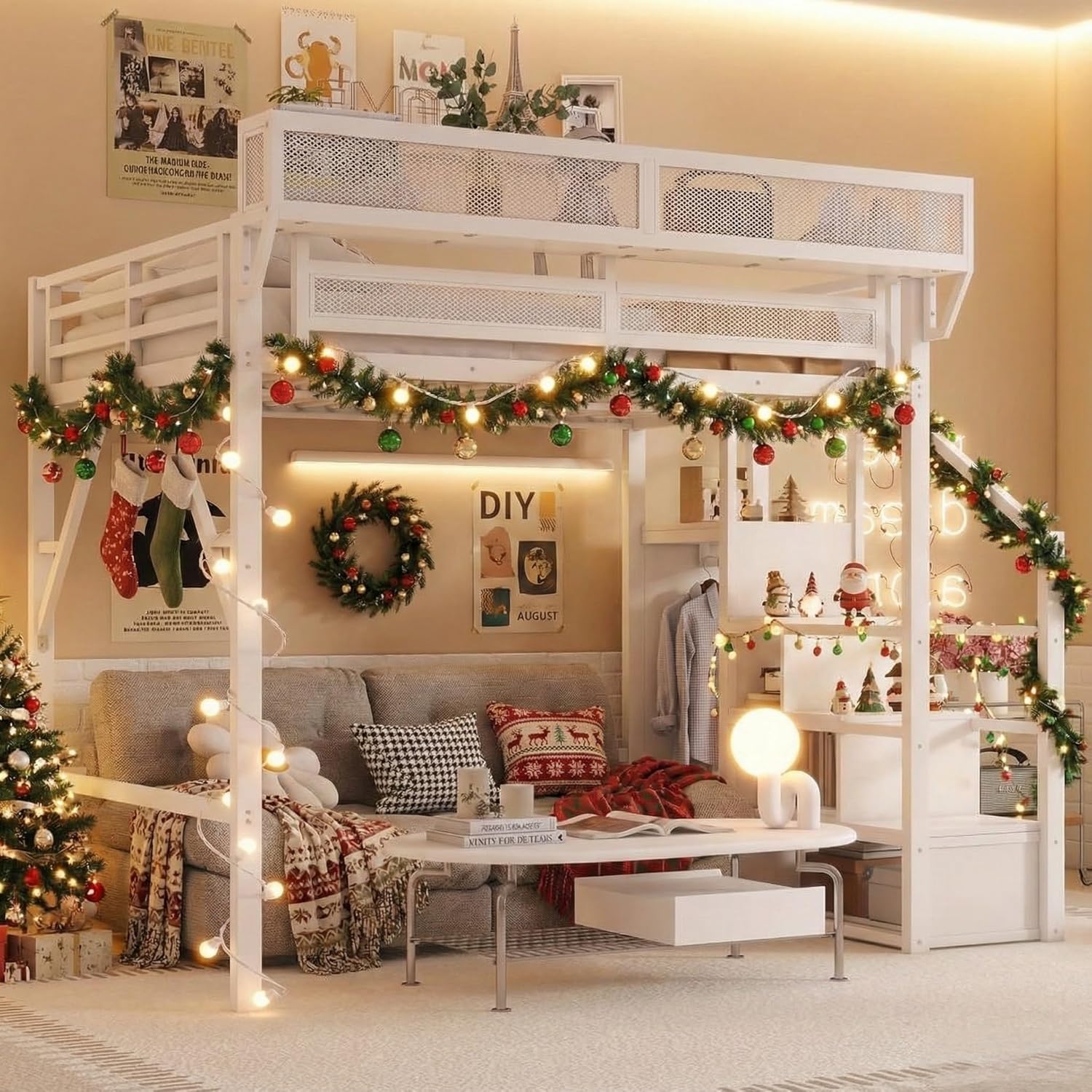 Queen Loft Bed with Stairs, Metal Loft Beds Queen Size Adults with Storage Shelves and Wardrobe, Heavy Duty High LoftBed for Teens, No Box Spring Needed, No Noise,White