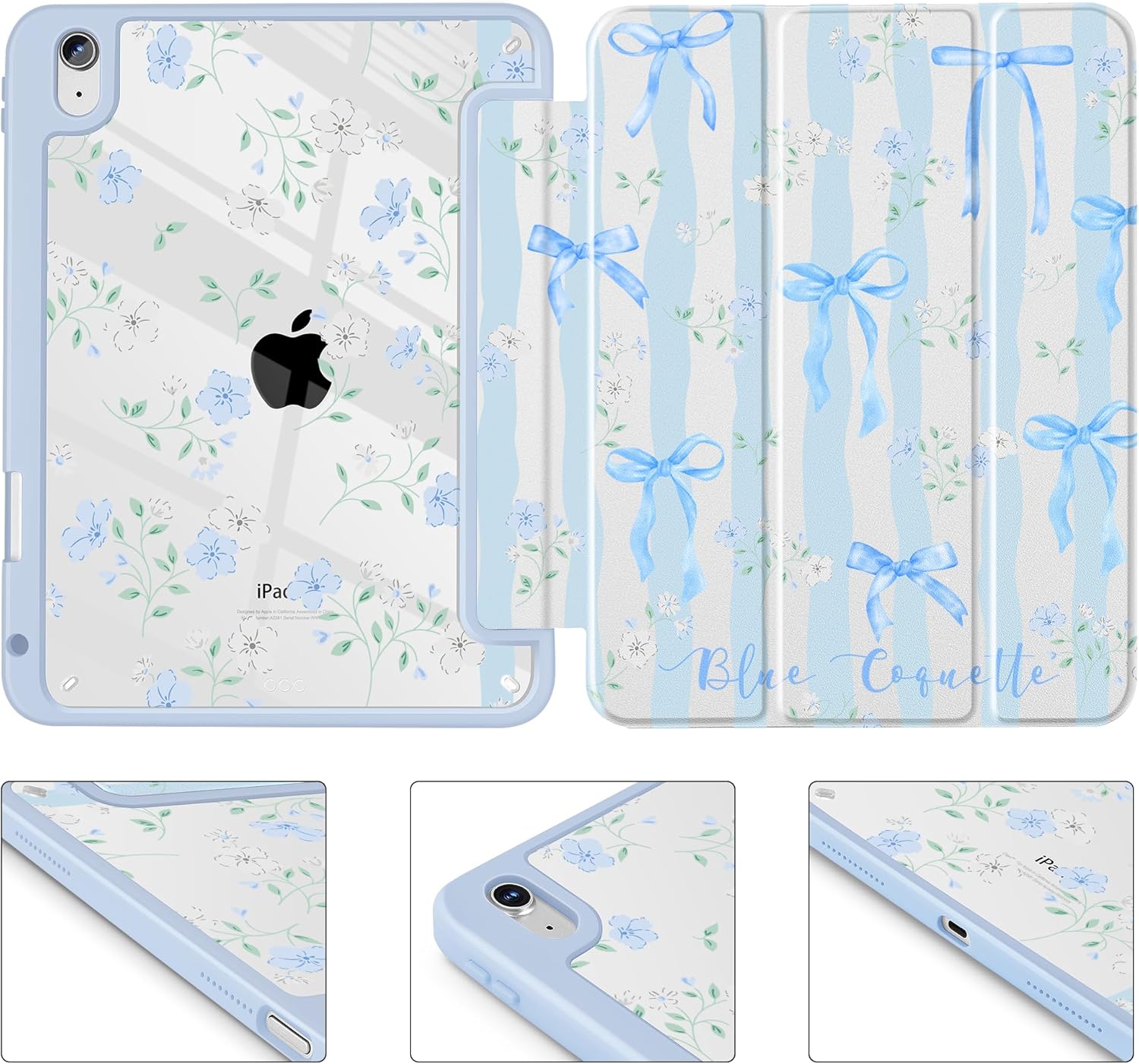 May Chen for iPad Air 11-inch M4/M3/M2 (2026/2025/2024), iPad Air 5th/4th 10.9 Inch - Shockproof Cover with Clear Back Shell & Penceil Holder Auto Wake/Sleep Stand Cover, Flower Blue Waves