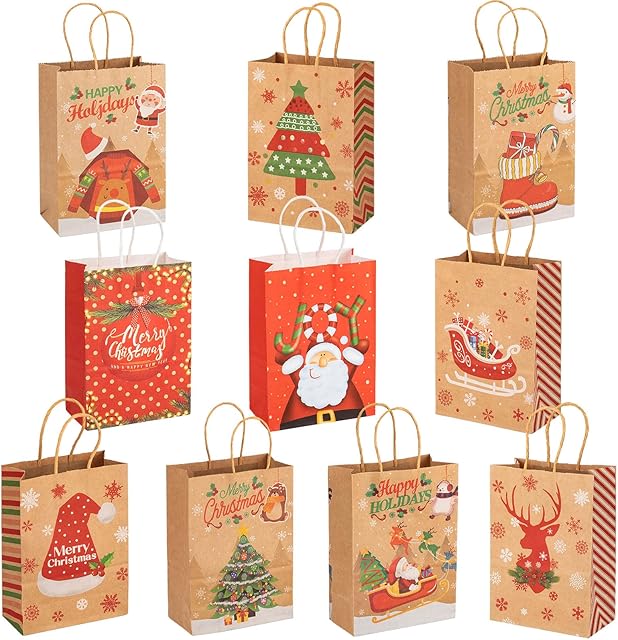 30 PCS Christmas Kraft Goody Gift Paper Bags with Handles Assorted Christmas Characters for Xmas Party Favors, Xmas Gift Bags, Holidays Giving Goodie Bags