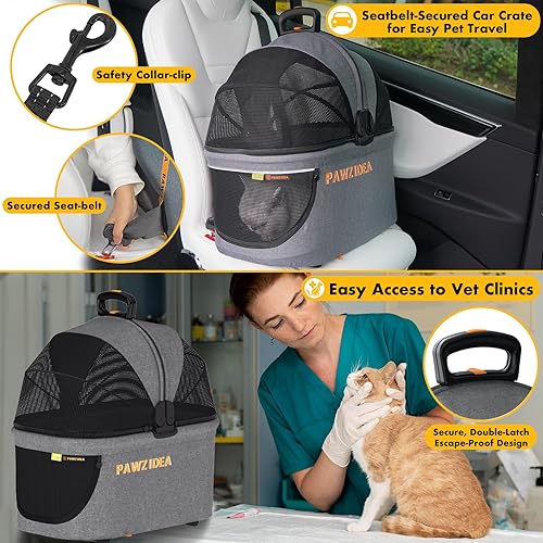 Miniatura 3 de PAWZIDEA Cochecito doble para mascotas con 2 transportadores desmontables, jaula portátil para perros para viajes en automóvil y transportador