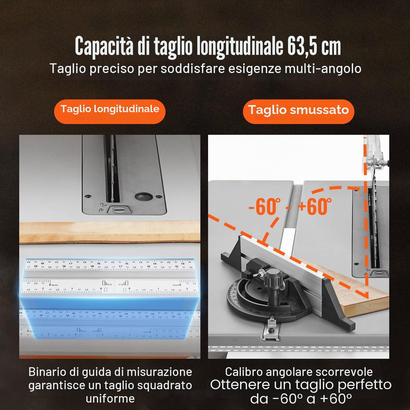 VEVOR Sega circolare da tavolo 4800 giri/min, sega da tavolo 1800 W, 85 mm a 90° sezione 55 mm con taglio obliquo a 45°, battuta angolare -60˚, ideale per il taglio di legno e progetti di lavorazione