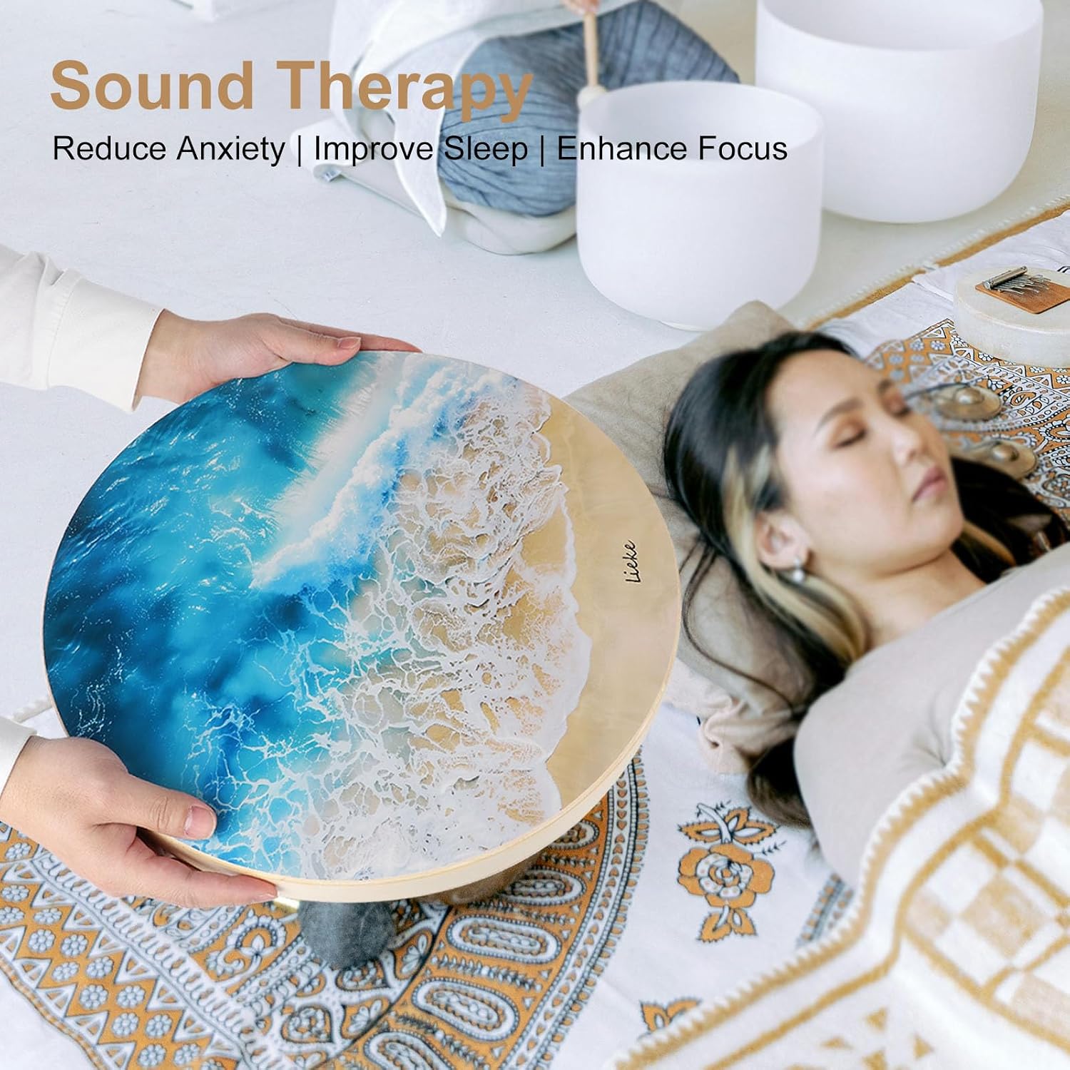 LIEKE Wooden Ocean Drum 14.7 Inch Sea Wave Drum Sound Healing Instrument Therapy Tool for Yoga Meditation Relaxation
