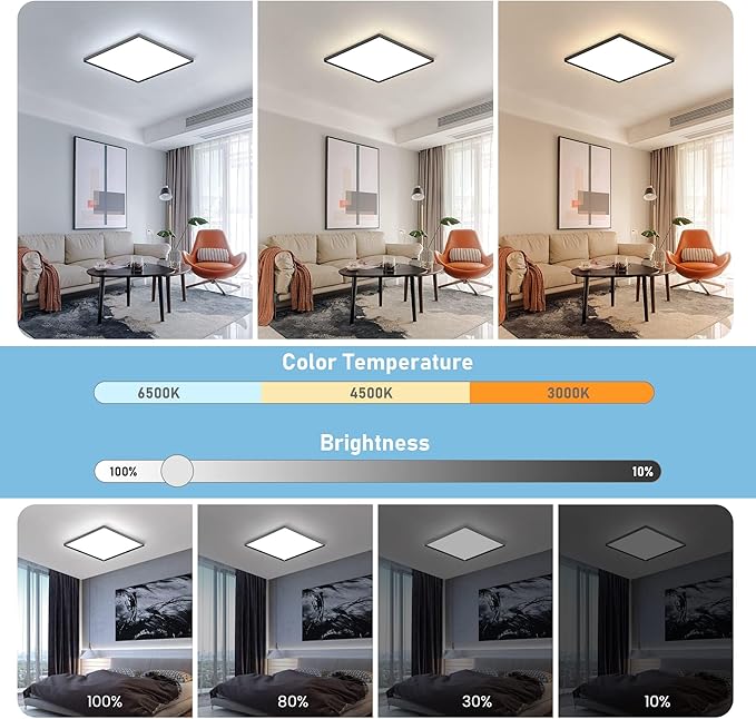 OTREN OTREN Led-plafondlamp, dimbaar, 3000 K-6500 K, vierkant, plafondlamp met afstandsbediening, plafondlamp voor badkamer, woonkamer, slaapkamer, keuken, zwart, 30 cm photo 2