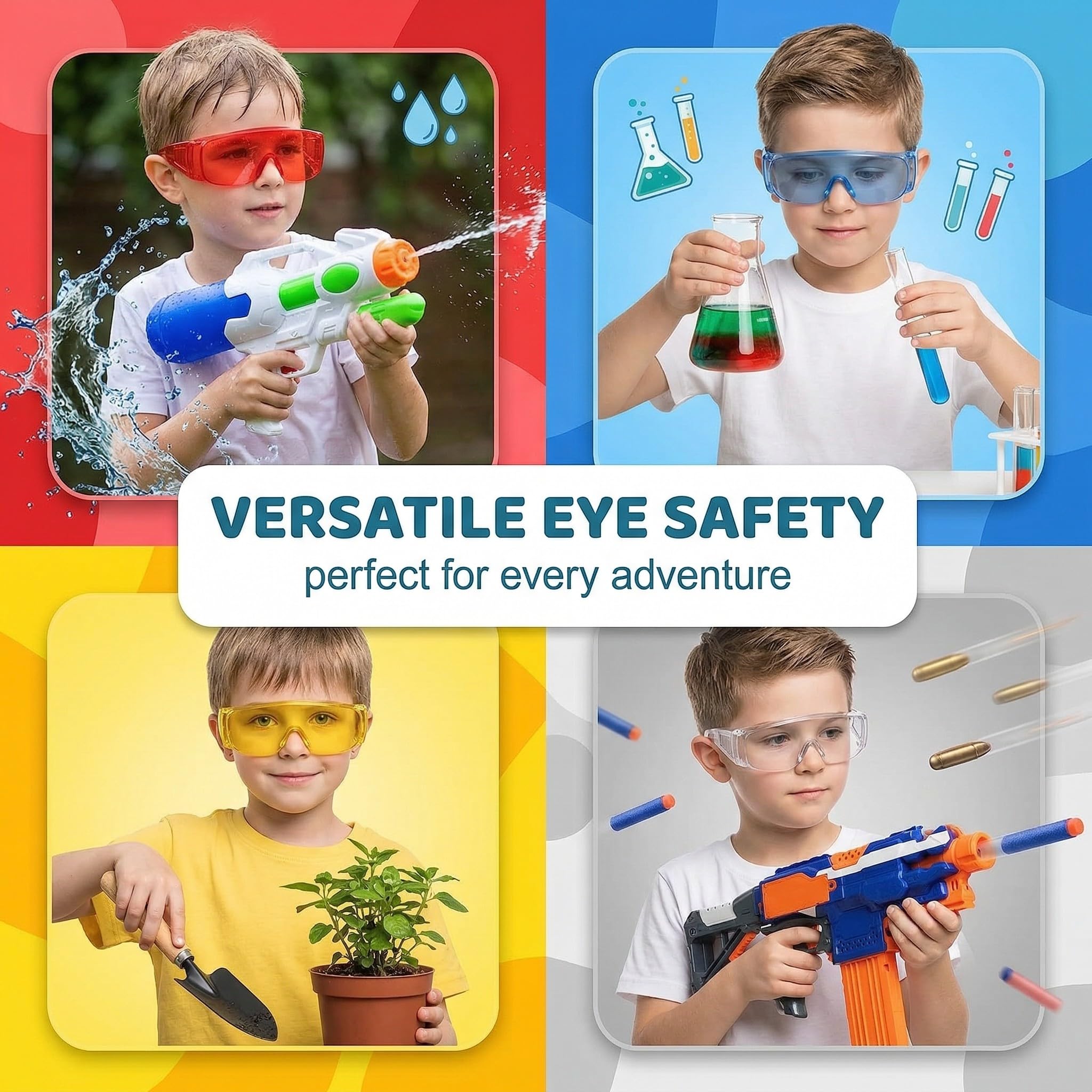 4 Pezzi Occhiali Protettivi per Bambini, Occhiali di Sicurezza Regolabili con Lenti Antiappannamento - Blu, Trasparente, Grigio, Giallo - Protezione Occhi per Esperimenti Scientifici e Giochi