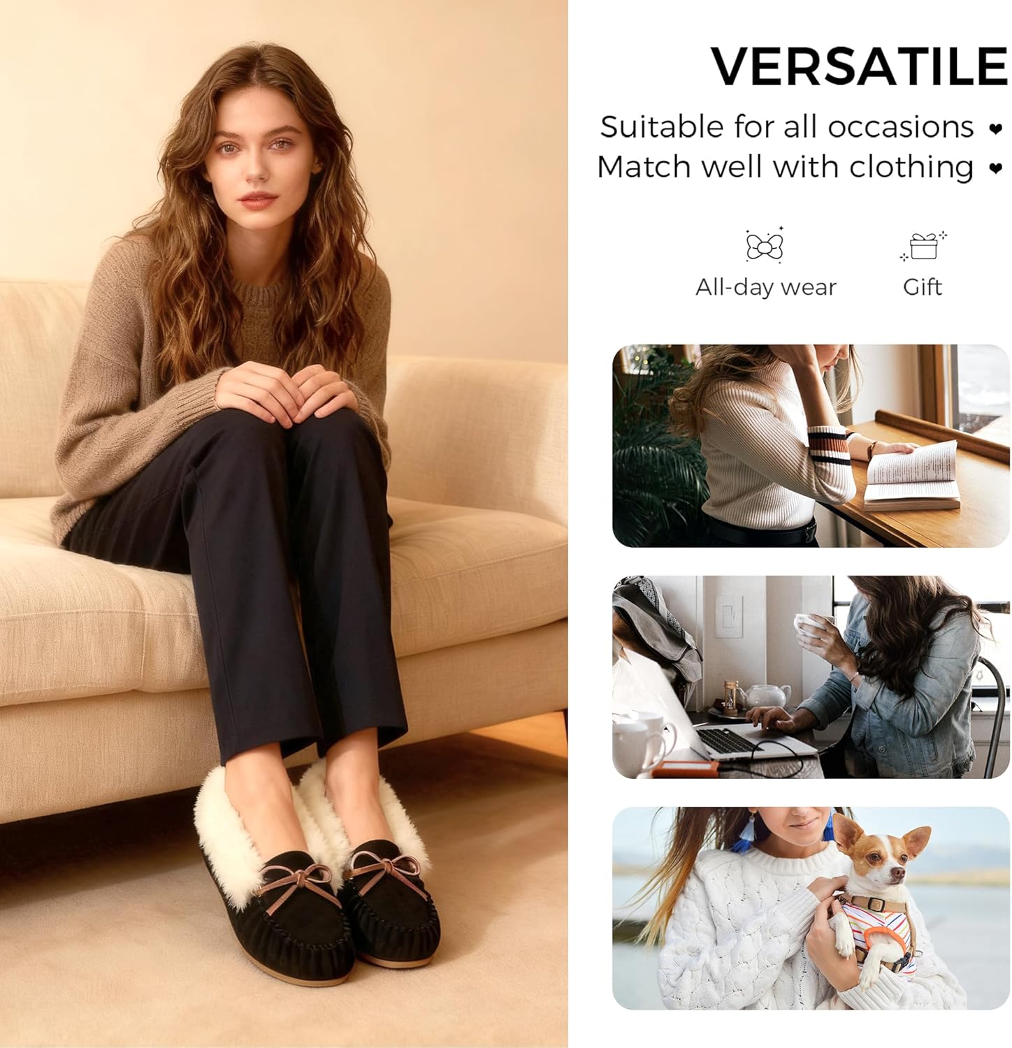 Vonair Women's Moccasin Slippers with Cozy Faux Fur Collar, Soft Plush Lining & Memory Foam Slip-On Indoor/Outdoor House Shoes - Image 5