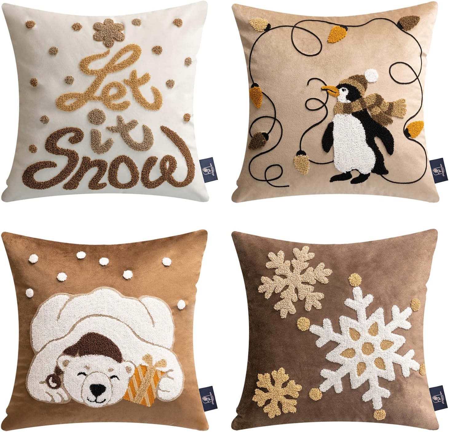 Phantoscope Set of 4 Merry Christmas Decorative Velvet Throw Pillow Covers Xmas Cushion Cover with Embroidered Lantern, Penguin, Bear, Snowflake for Couch Sofa Bed, Coffee, 18 x 18 inches