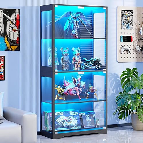 Display Cabinet with Glass Doors, Storage Cabinet with 3 Color Light, 4-Tier Curio Cabinet&Bookcase for Collectibles, Toys, Books, for Playroom, Bedroom, Study Room, Black