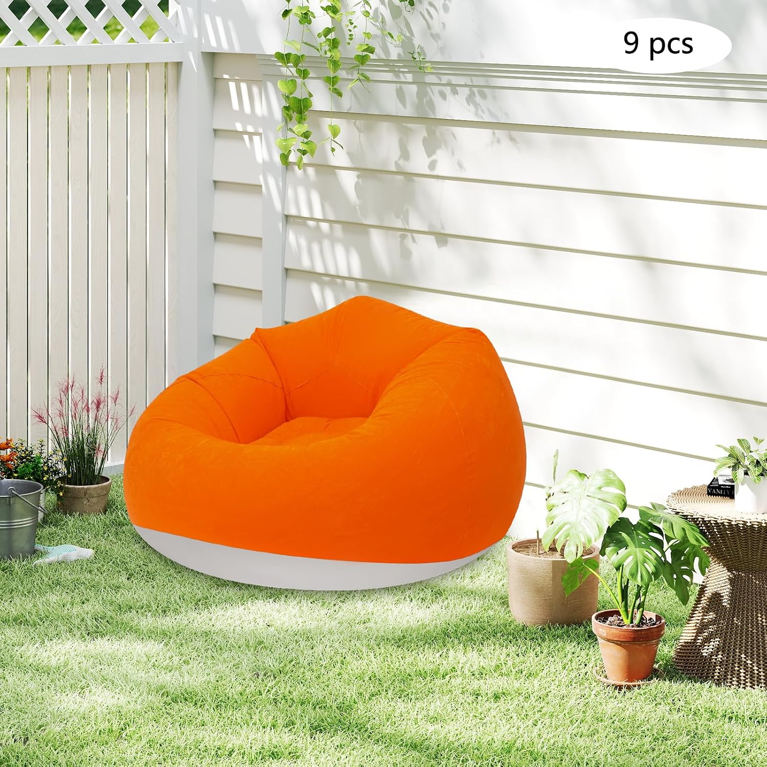 9 Pcs Inflatable Lazy Sofa Set with 2 Foot Pumps, Portable Blow Up Couch for Adults, Red Flocking PVC Bean Bag Chair for Camping, Outdoor Movie Night, Living Room & Travel(Orange)