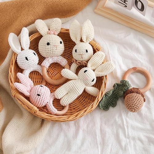 Miniatura 5 de Wooden Baby RattleCrochet Bunny Rattle with Wood Ring, Newborn Wooden Animal Rattle ToyInfant Pink Bunny Wood Rattle ToysBunny-3