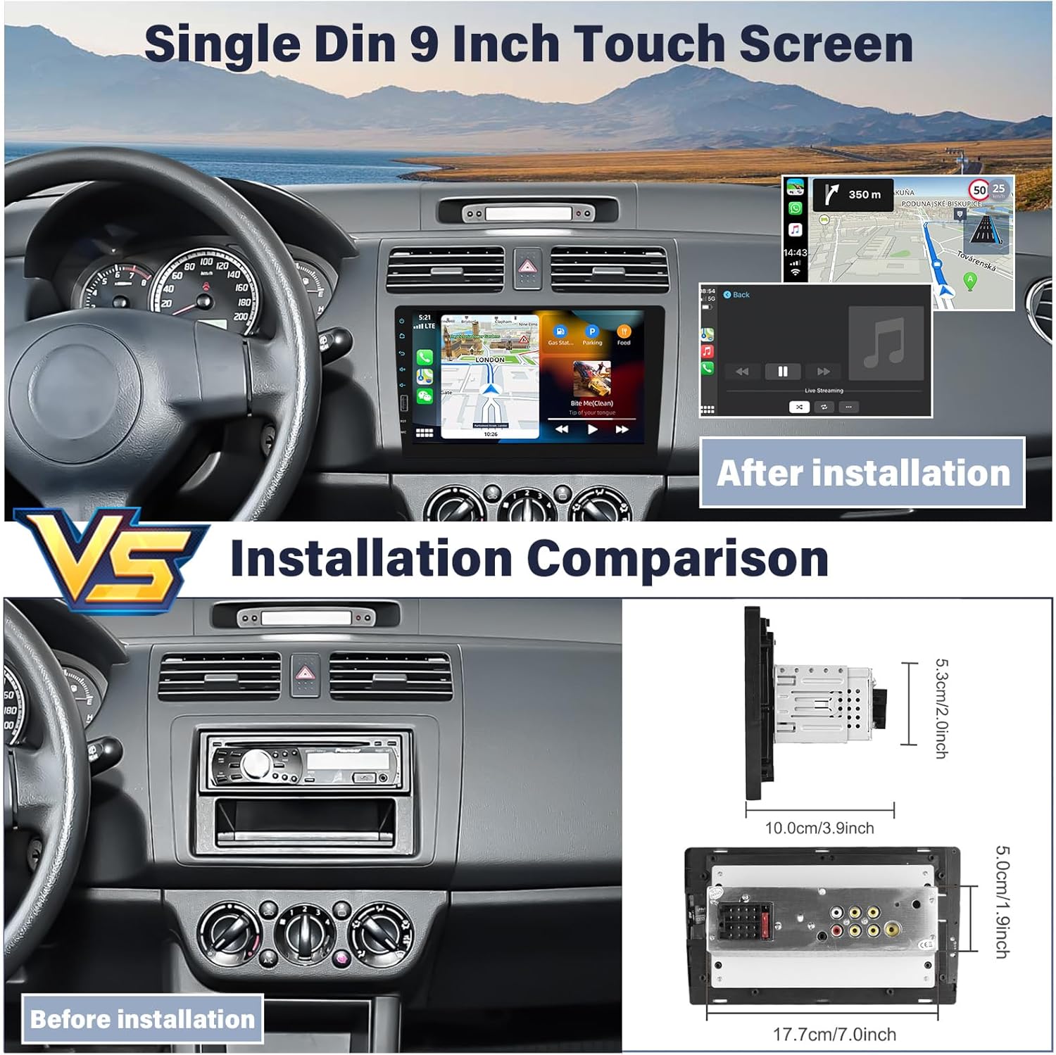 Comparison of car dashboard before and after installing the UNITOPSCI 9-inch single DIN car stereo, with dimensions.