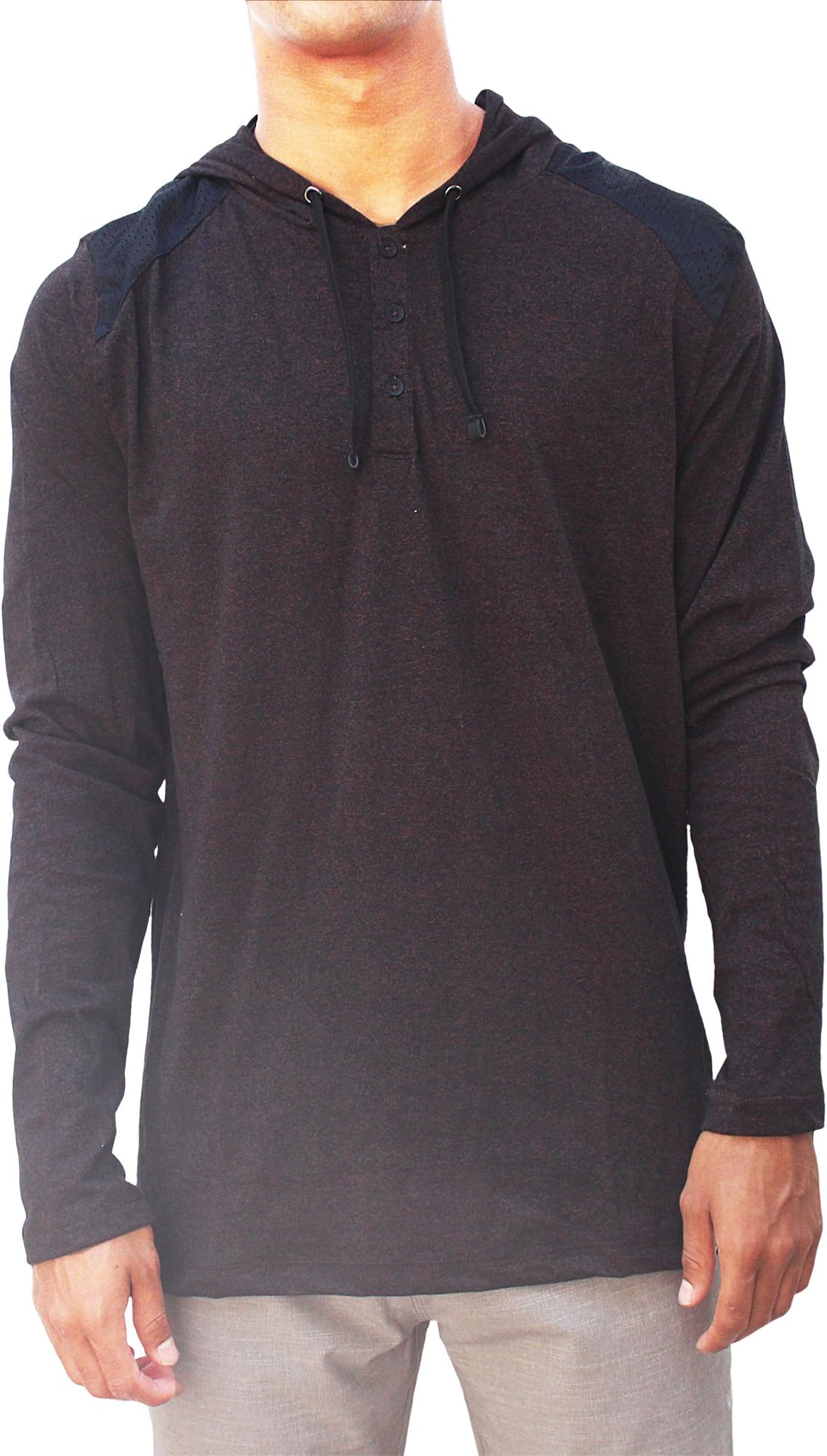 Burnside Mens French Terry 3 Button Down Hooded Henley Shirt (Medium, Brown)