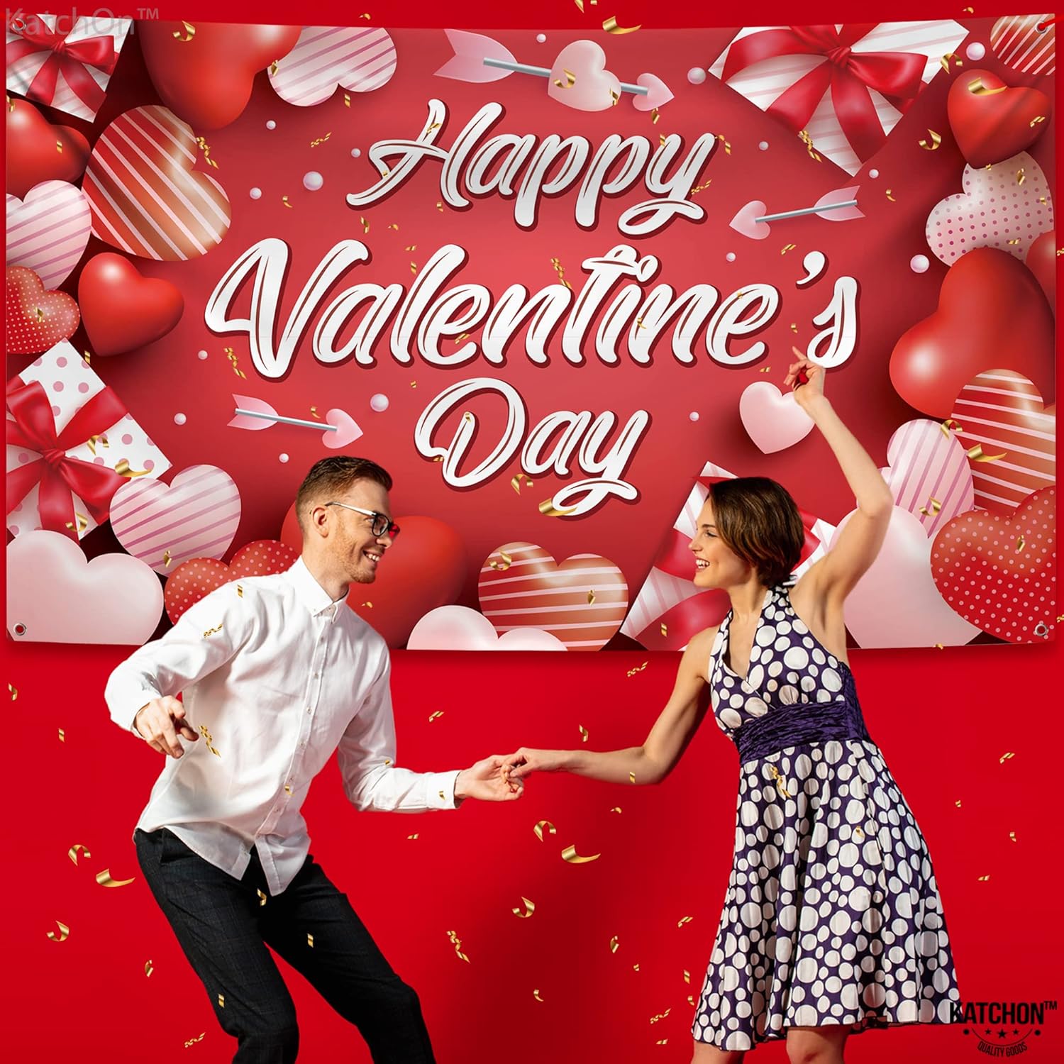 KatchOn, Valentines Day Hanging Hearts with Happy Valentines Day Banner - Pack of 10 | 72x44 Inch, Valentines Backdrop and Valentine Honeycomb Hearts for Valentines Day Decor | Valentines Party Favors