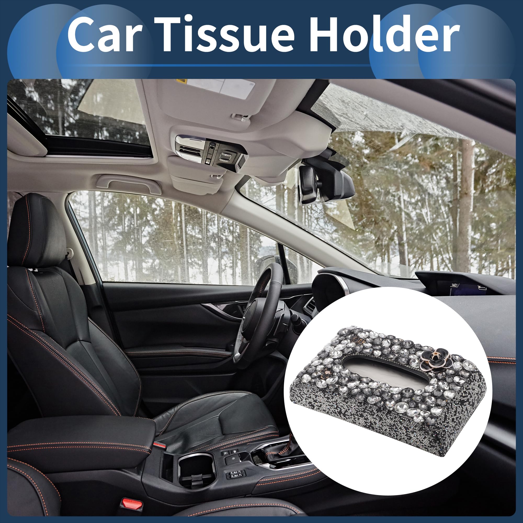 Porte-Mouchoirs pour Voiture Organisateur De Boîte À Mouchoirs pour Voiture Incrusté De Diamants PU Strass 9.45"x5.51"x2.17" Noir 1 Pc