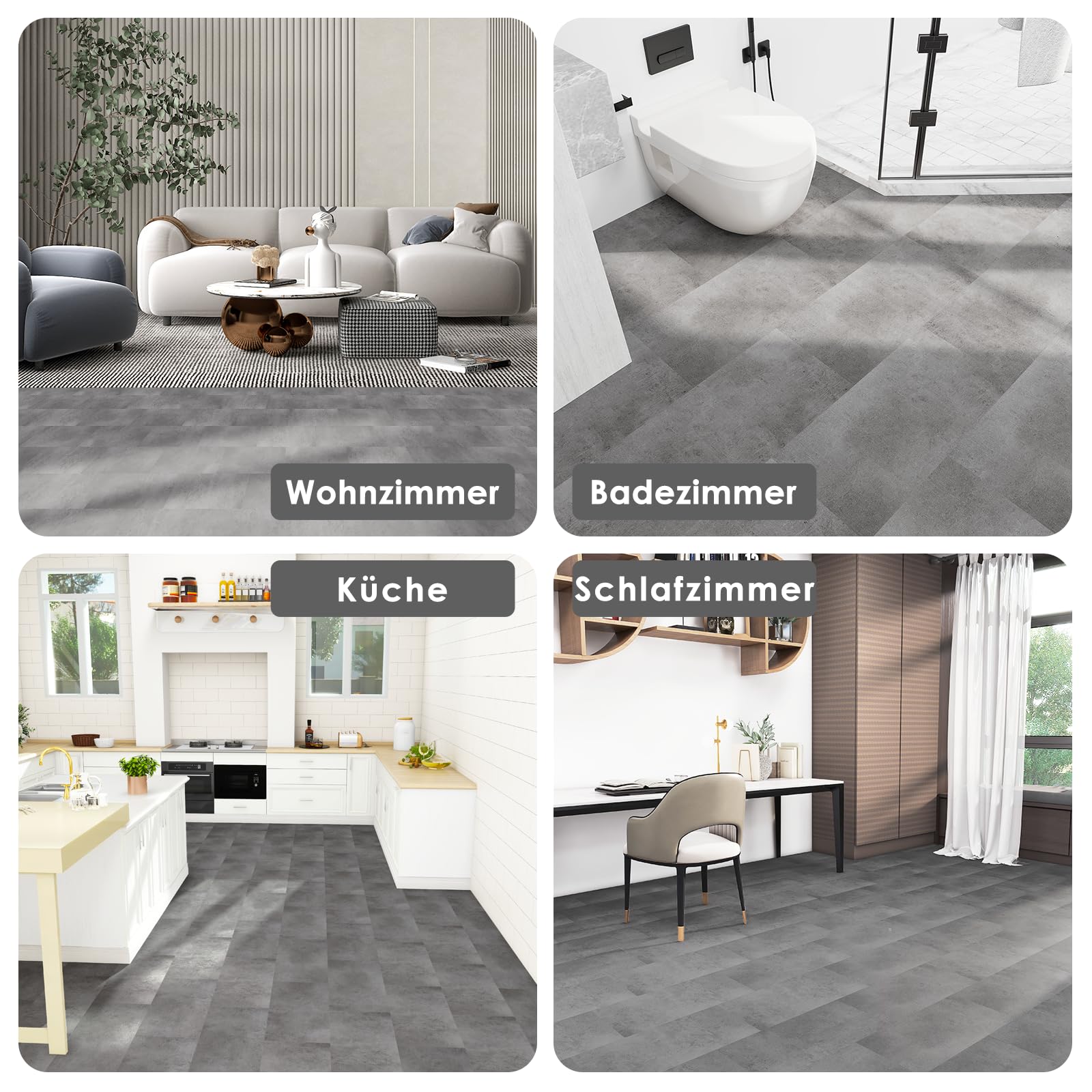 Mulgreat - PVC Bodenbelag Galena - Selbstklebende Vinyl-Fliesen - Vinylboden - Betoneffekt - Grau- 60,96 cm x 30,48 cm x 1,5 mm - Dicke 1,5 mm - 2.23m² / 12 Fliesen