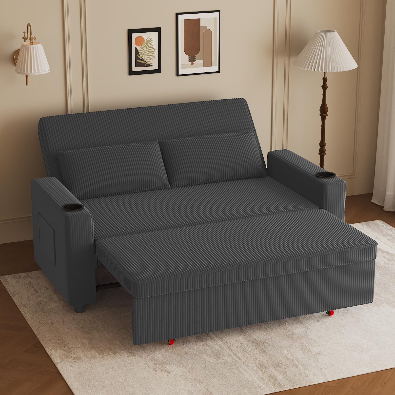 JUMMICO 62.99" Pull Out Sofa Bed with Adjustable Backrest Sleeper Sofa 2 Seater Convertible Small Couches Modern Corduroy Fabric For Living Room Bedroom,Gray
