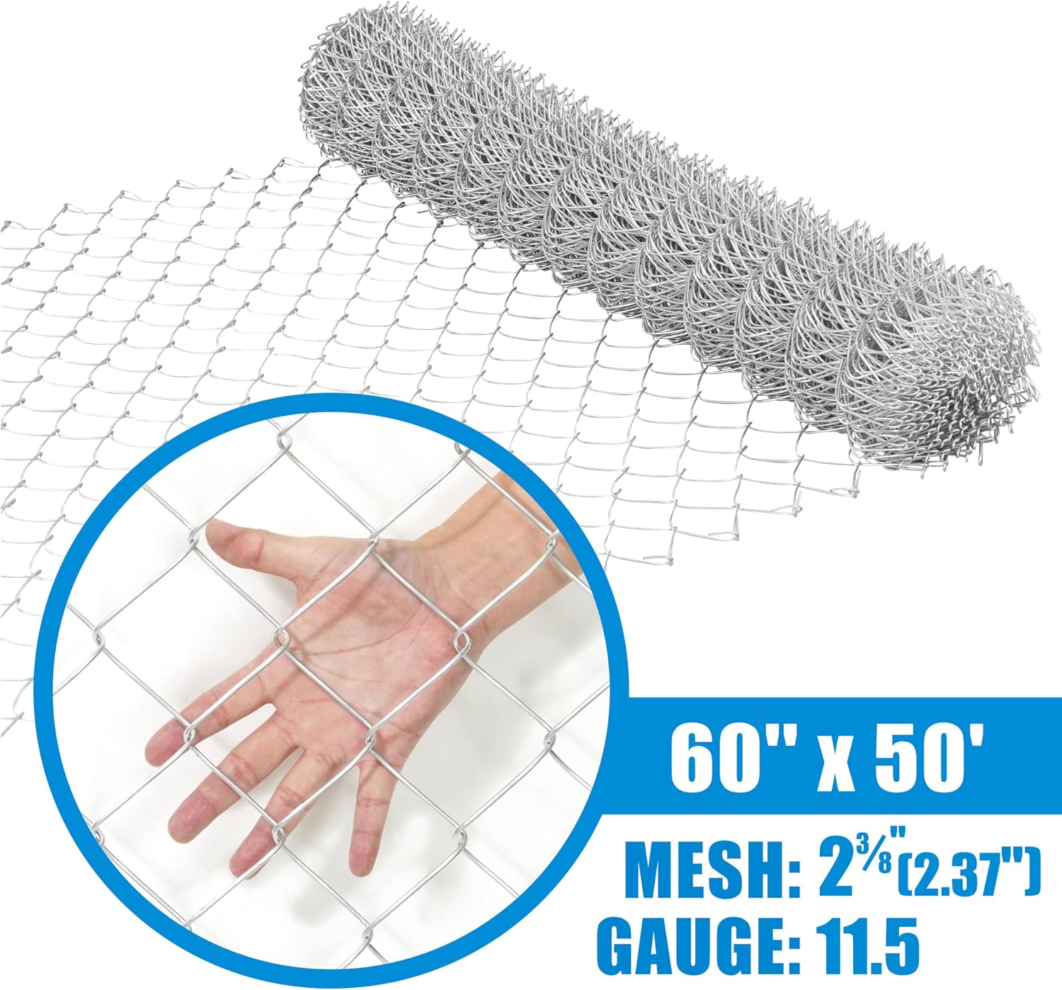 CAPHAUS Galvanized Steel 11.5 Gauge Chain Link Fencing Wire Roll, Galvanized Fence Fabric, Diamond Mesh Size 2-3/8 Inch (60 inch x 50ft.)