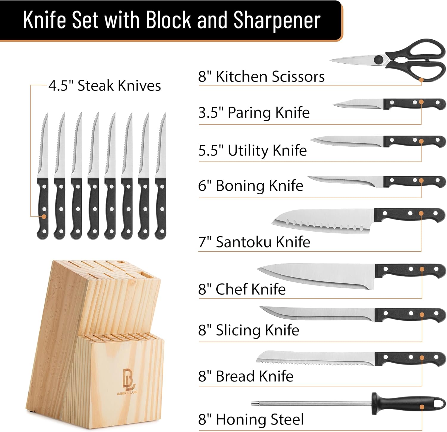 BAMBOO LAND- Kitchen Knife Set, 18 pcs, Stainless Steel Knife Set with Block and Sharpener - Image 2