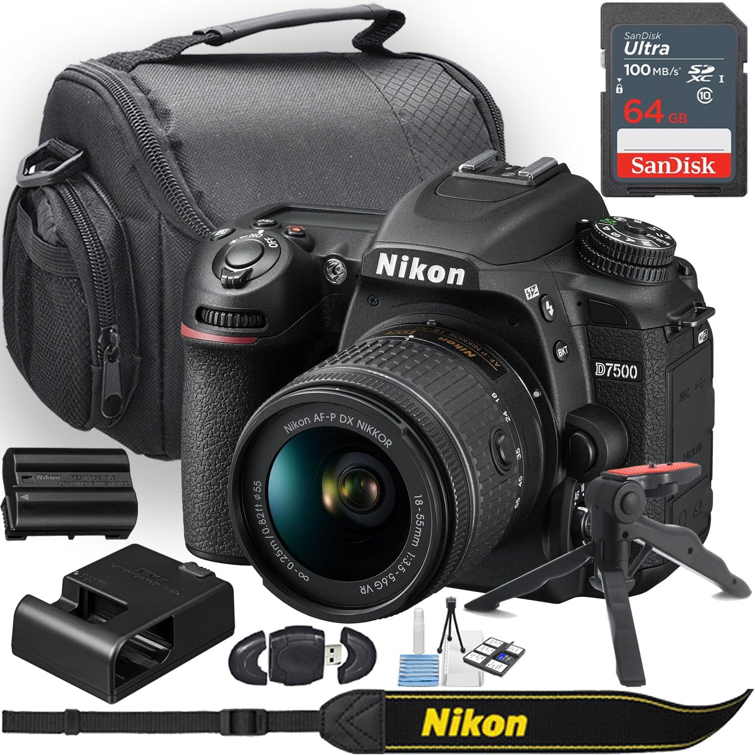 Nikon D7500 DSLR Camera w/Nikon AF-P DX NIKKOR 18-55mm f/3.5-5.6G VR Lens + Camera Case + 64GB Memory + Deluxe Starter Kit + Hand Grip Stabilizer Tripod + More (16pc Bundle) (Renewed)