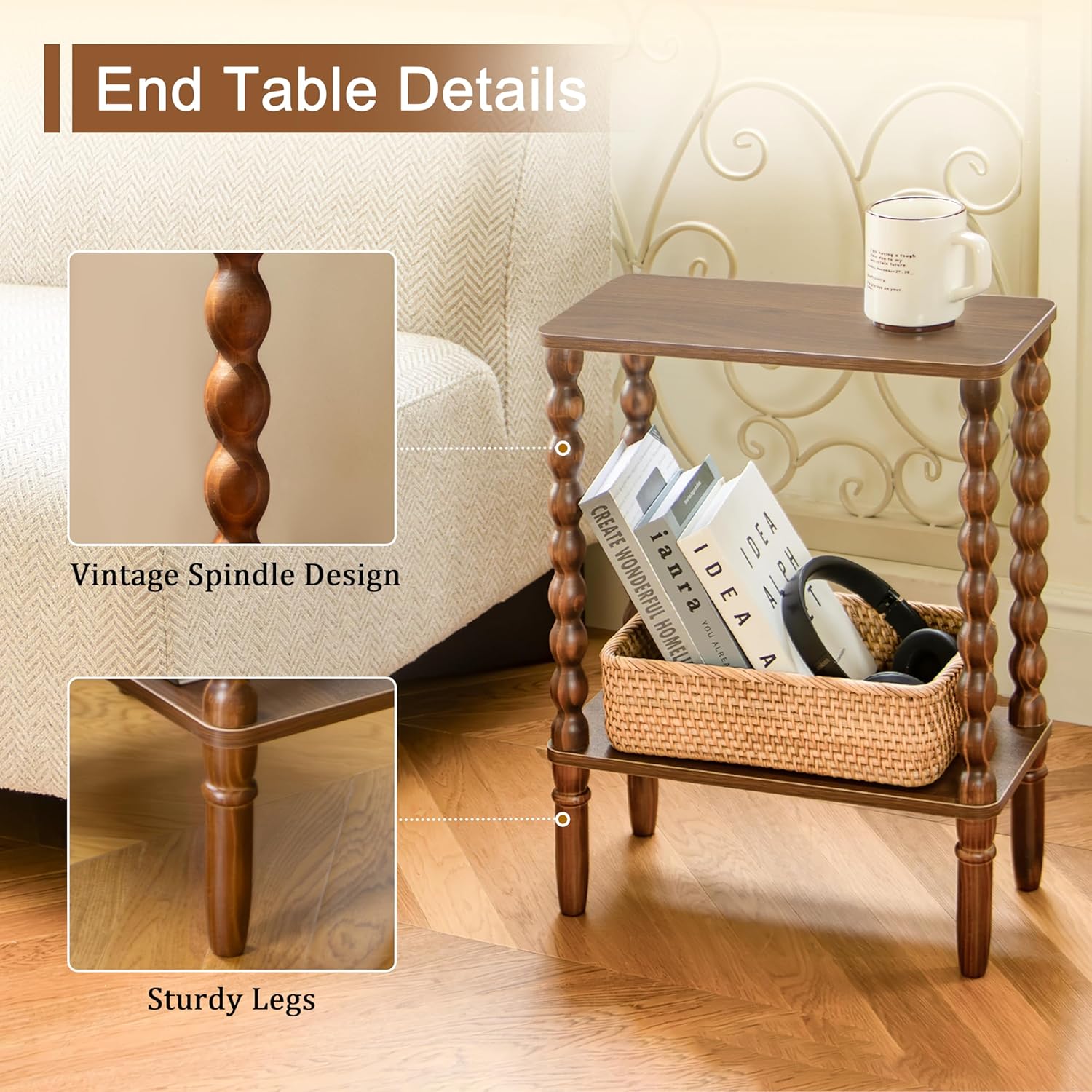 Fultyle Small Narrow Side Table, Skinny End Table Living Room with 2-Tier Storage, Narrow Accent Table Slim Nightstand for Small Spaces, Office, Bedroom (Walnut Brown)