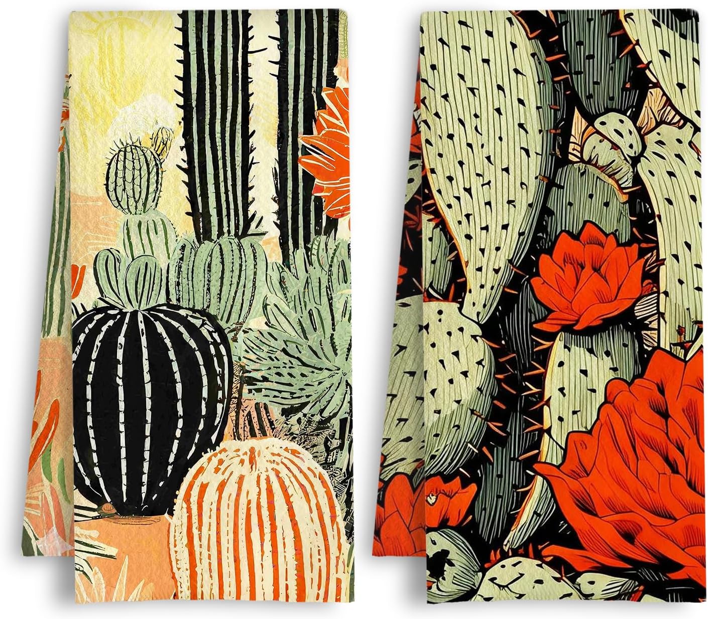 Western Cactus Floral Kitchen Towels, Boho Southwest Desert Dish Tea Towels, Retro Prickly Succulent Plants Decorative Hand Towel for Kitchen Bathroom, 16x24 Inch Set of 2
